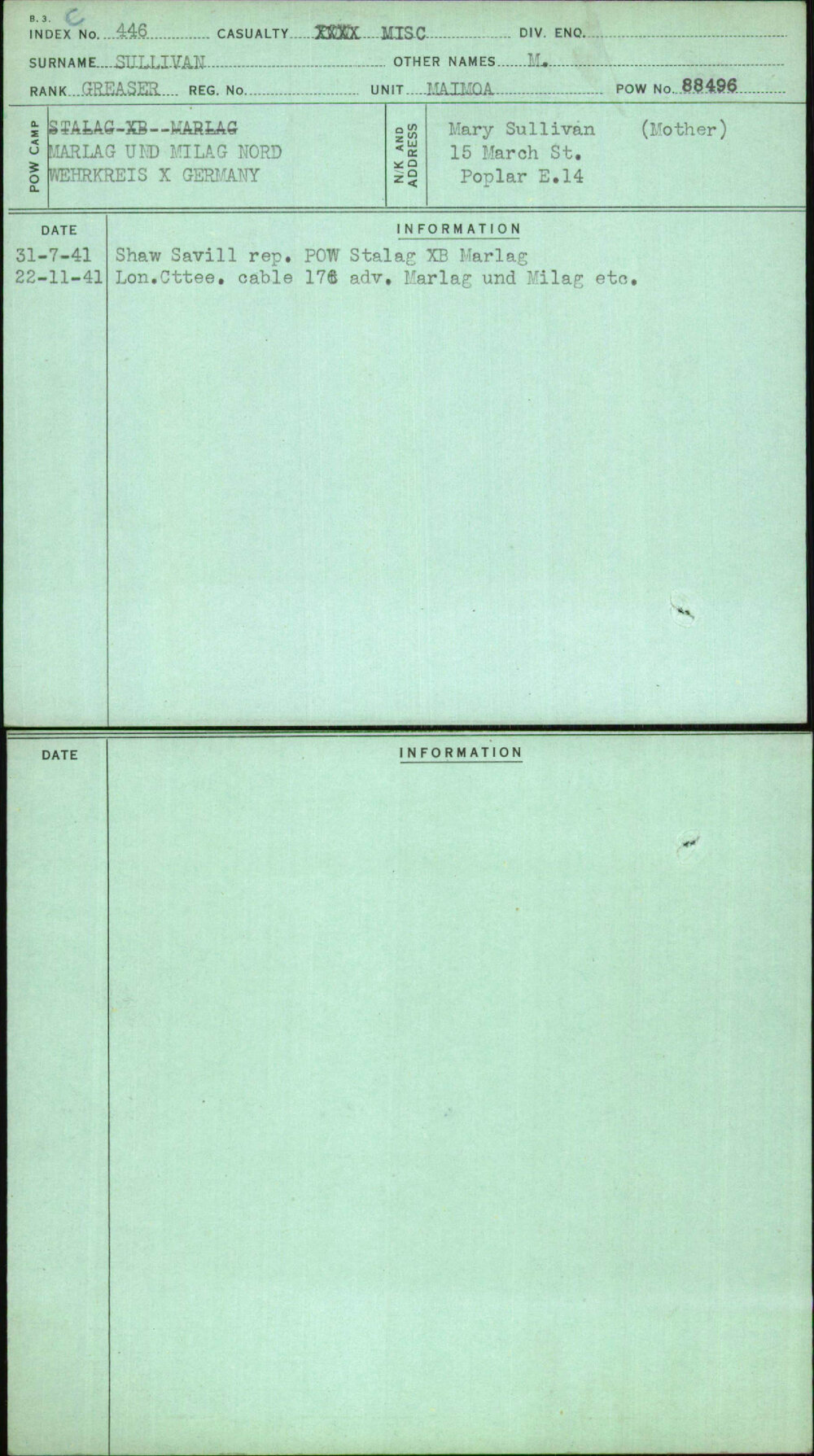 Sullivan, M, [No Service Number]