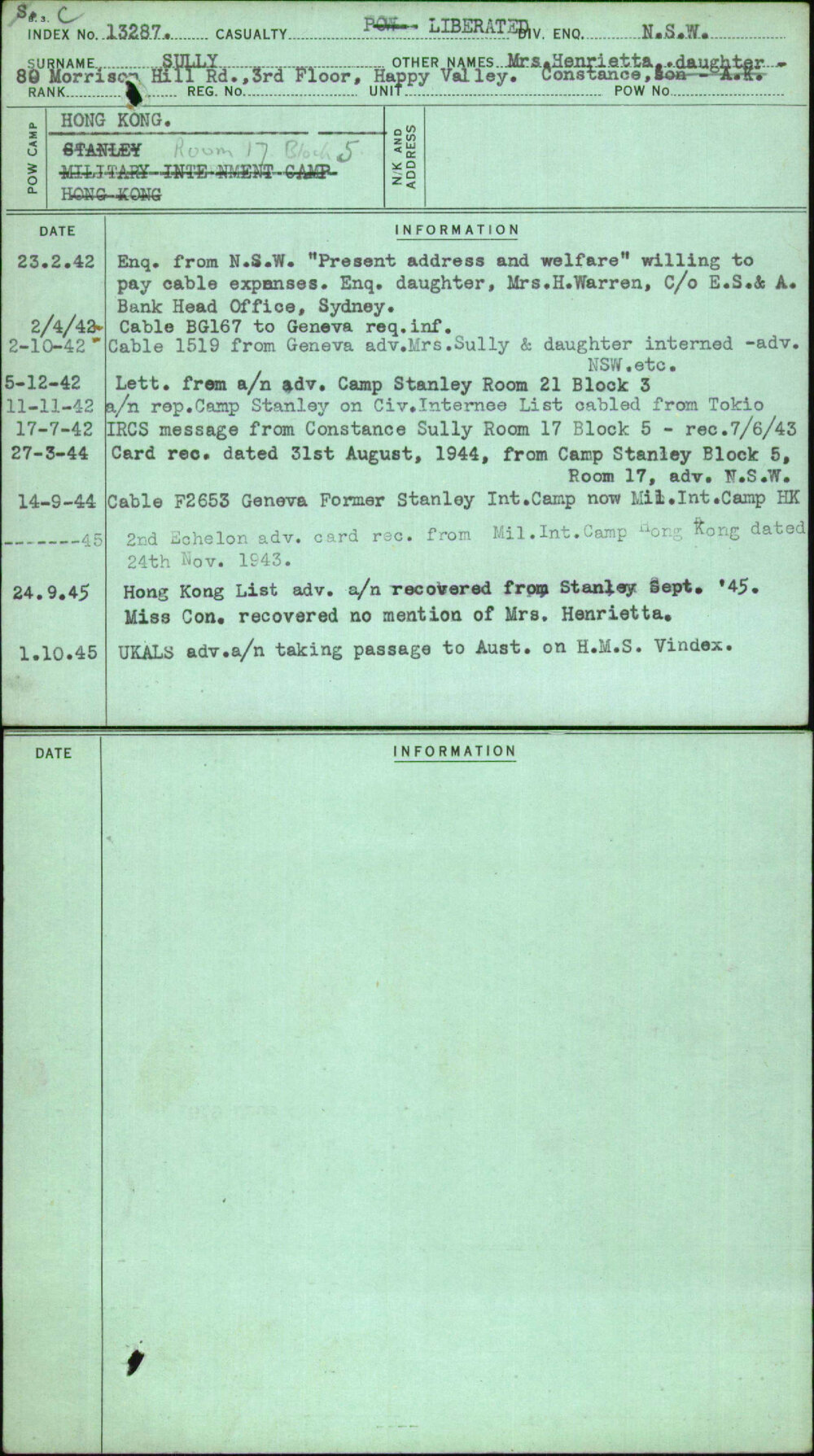 Sully, Mrs Henrietta Daughter, [No Service Number]