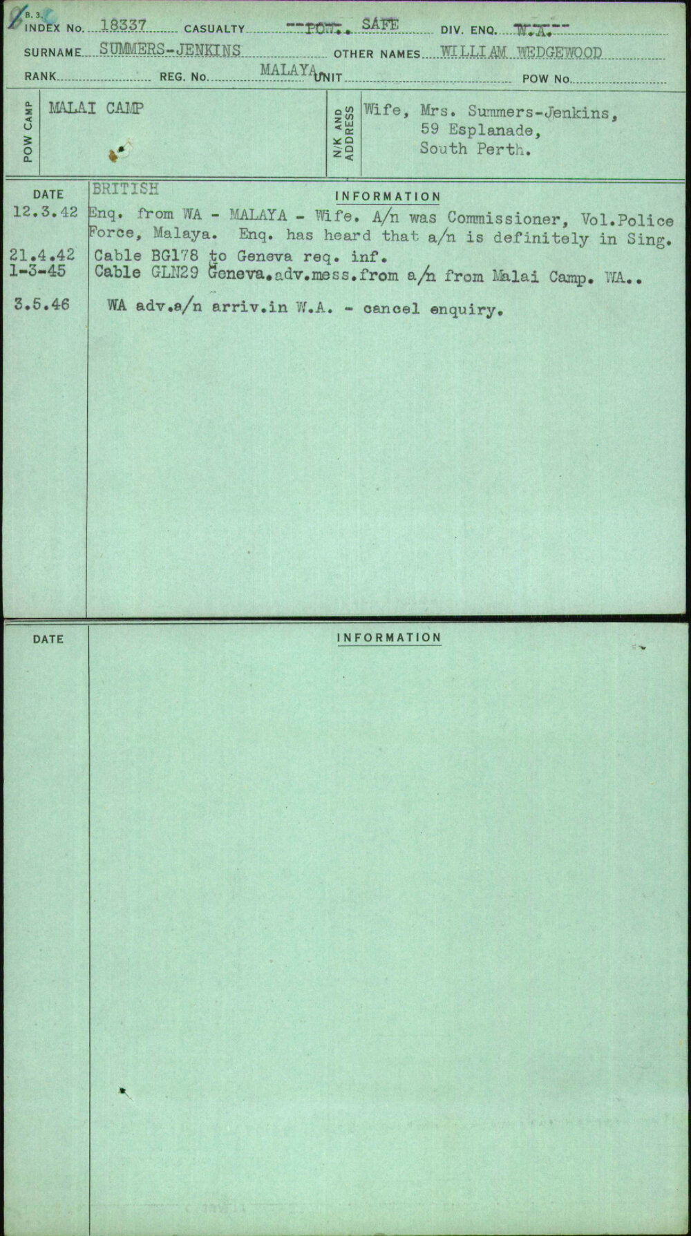 Summers-Jenkins, William Wedgewood, Malaya