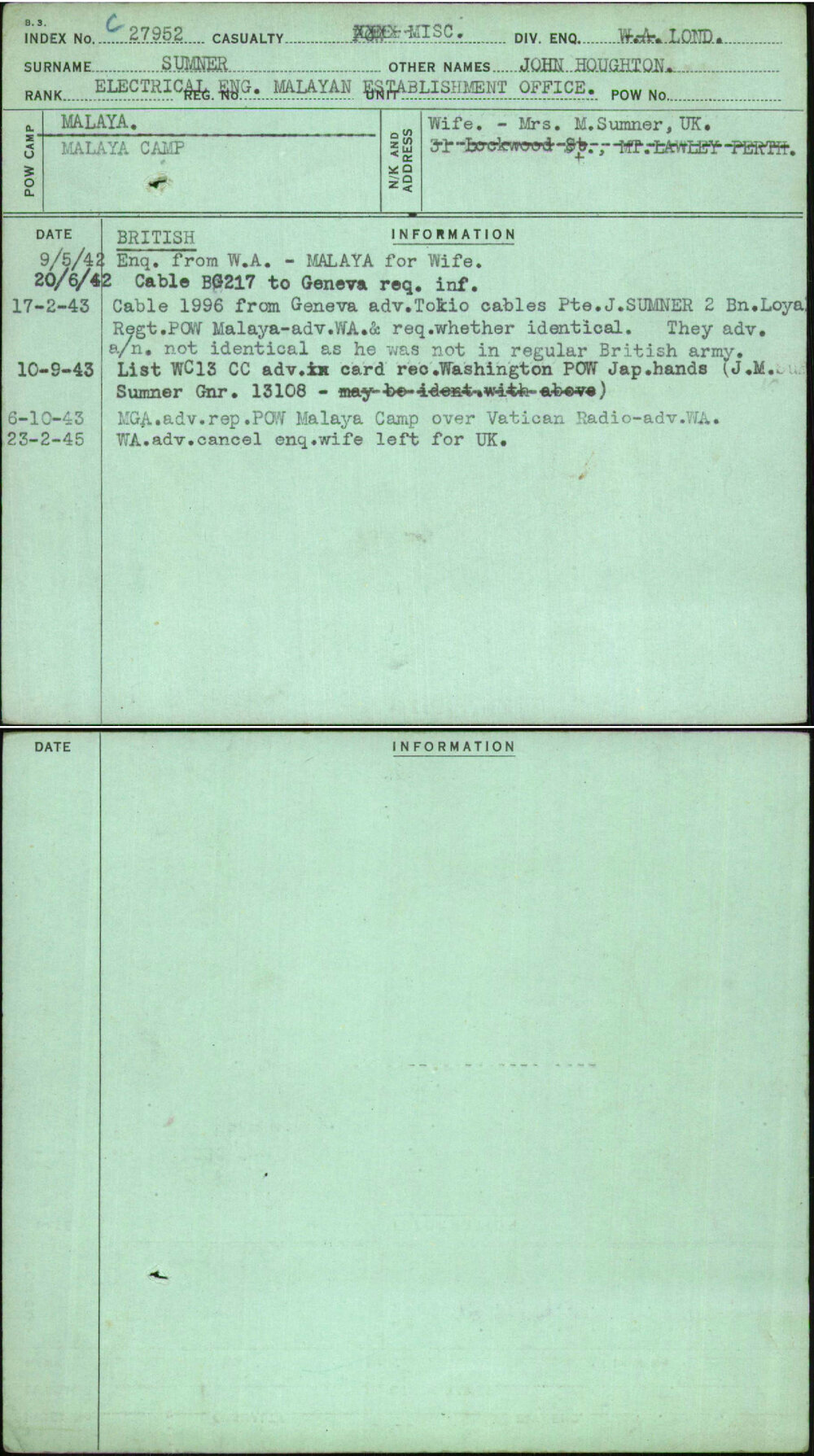 Sumner, John Houghton, [No Service Number]