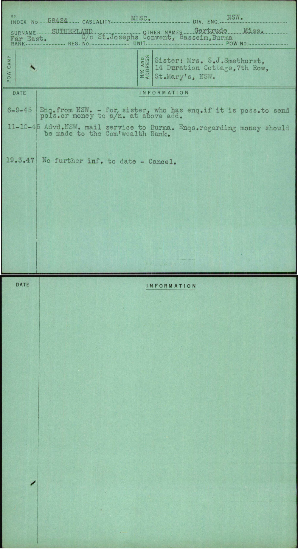Sutherland, Gertrude Miss, [No Service Number]