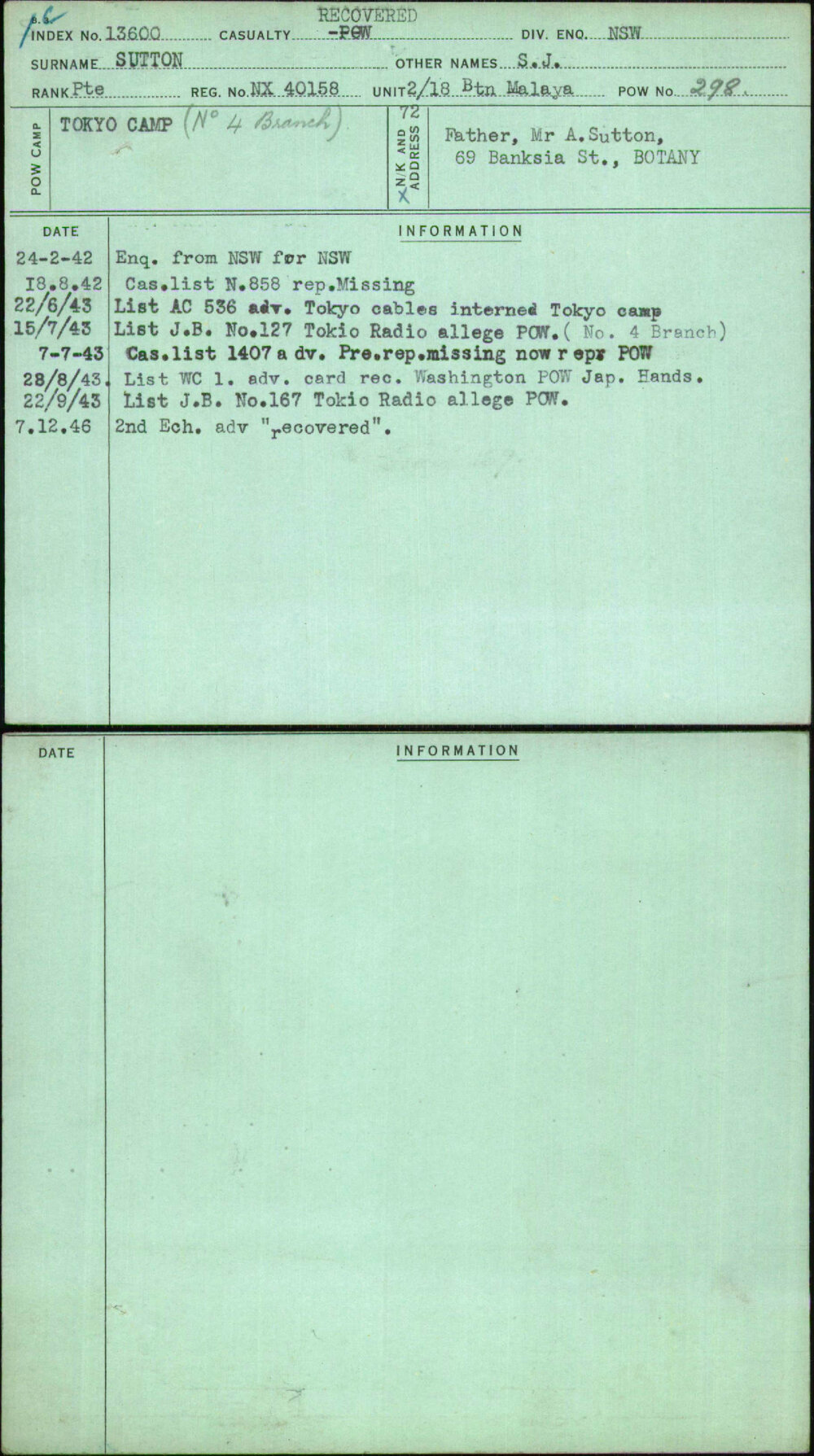 Sutton, S J, NX40158