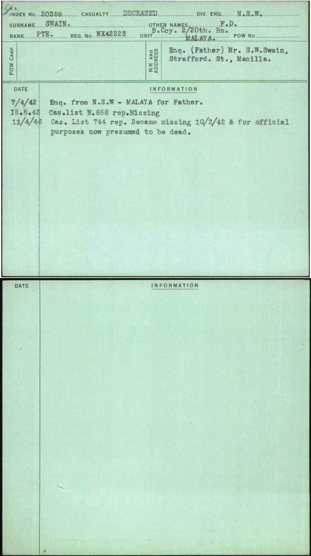 Swain, F D, NX42223