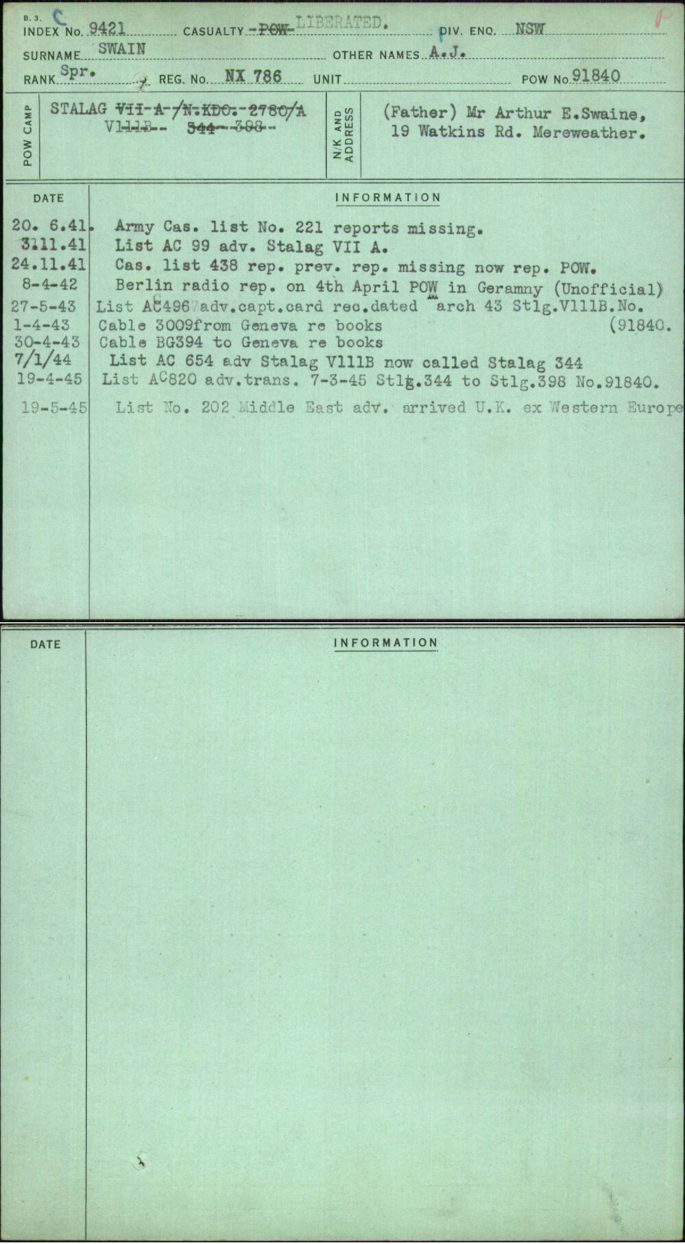 Swain, A J, NX786