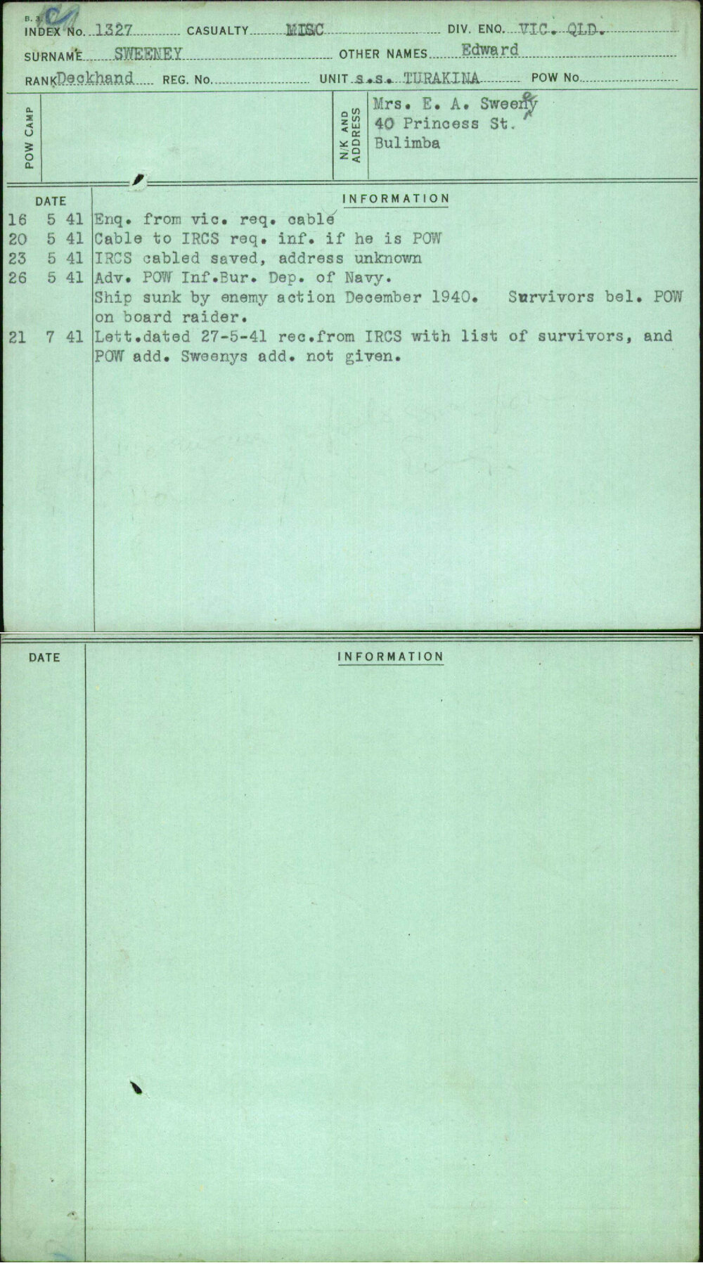 Sweeney, Edward, [No Service Number]