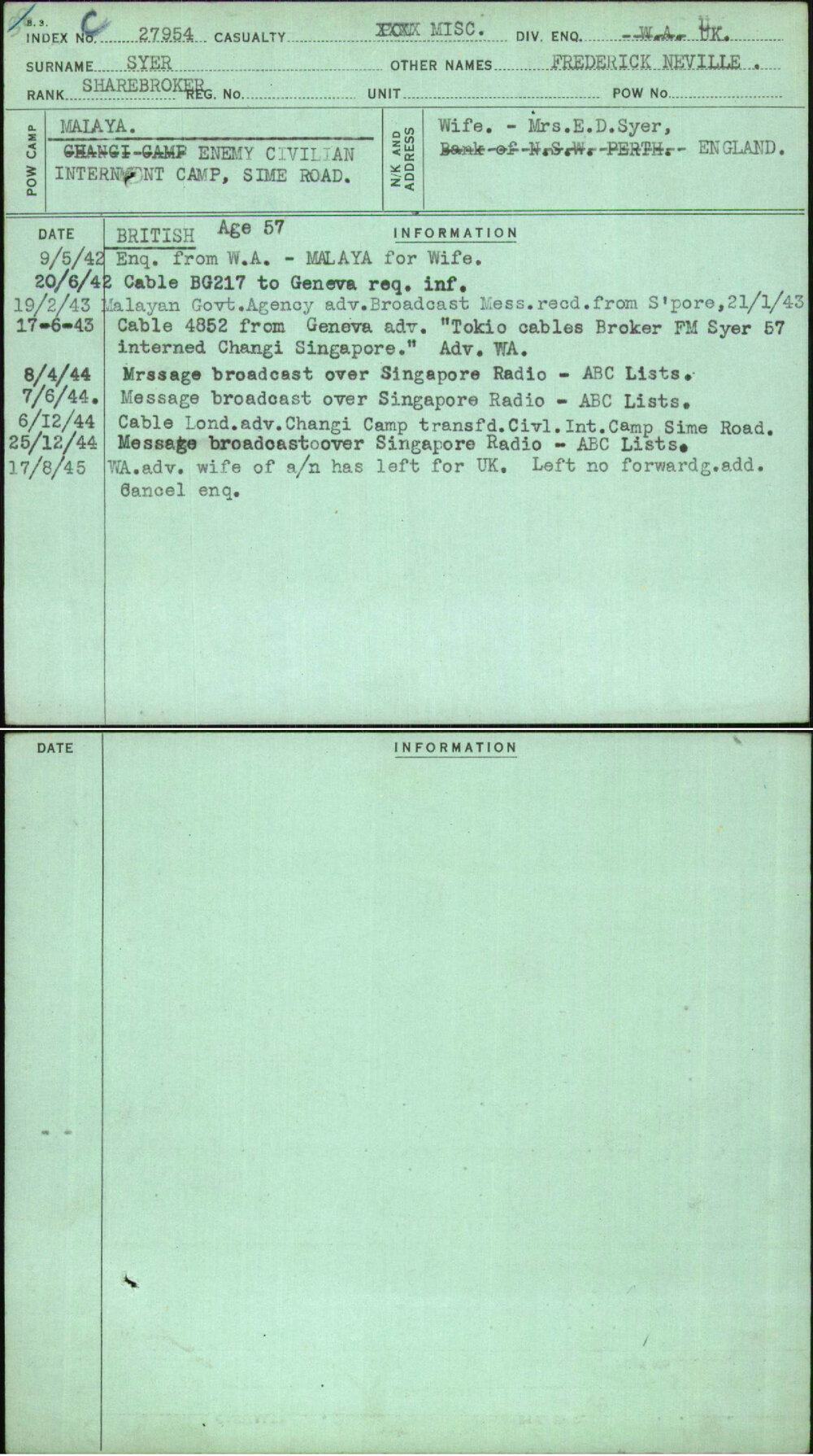 Syer, Frederick Neville, [No Service Number]