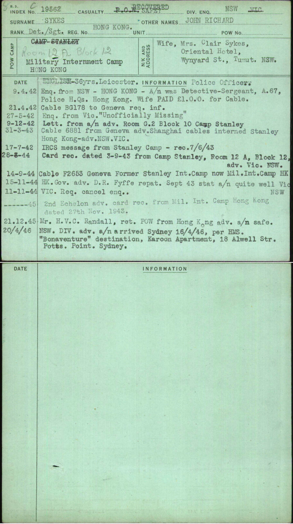 Sykes, John Richard, [No Service Number]