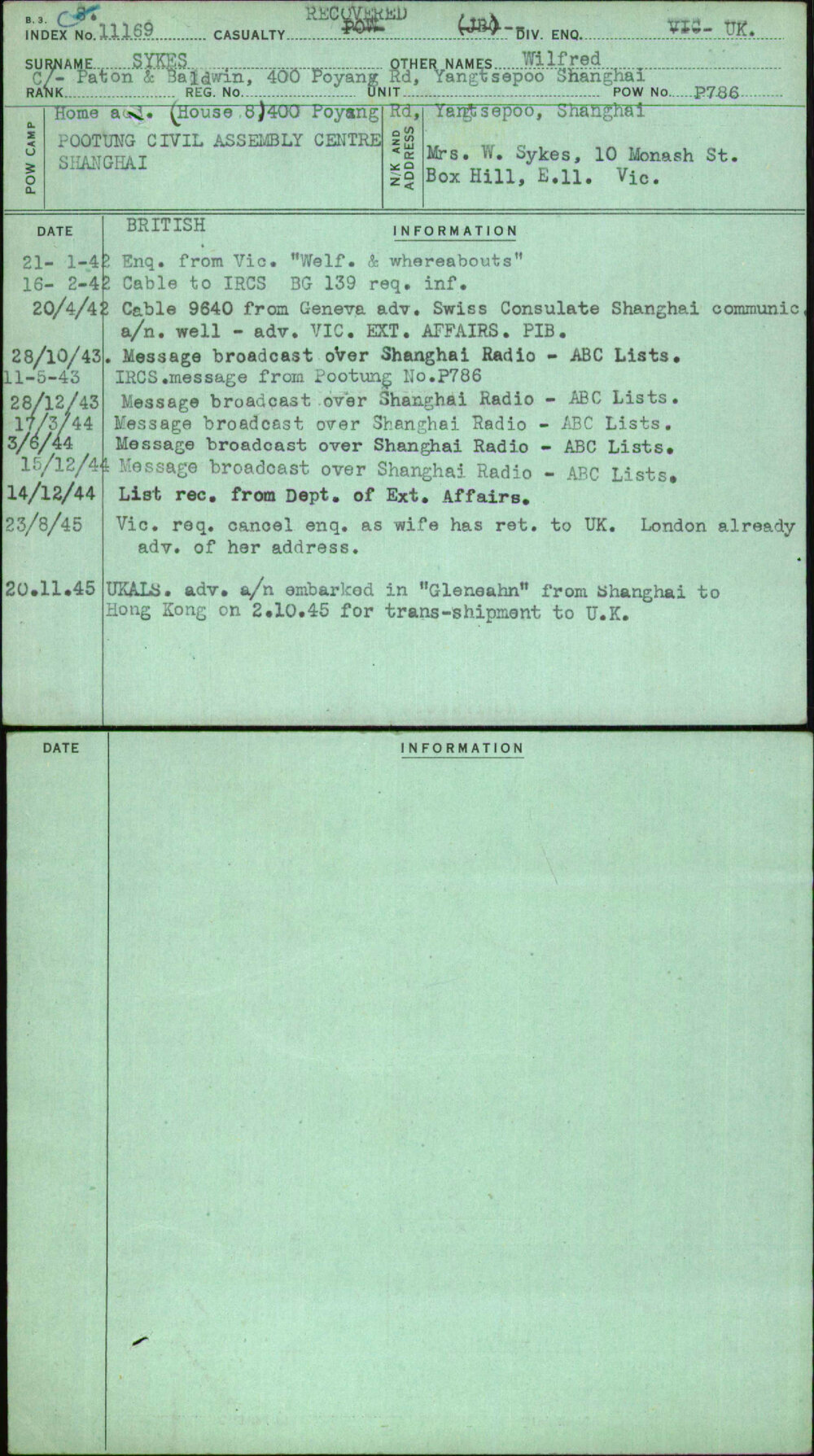 Sykes, Wilfred, [No Service Number]