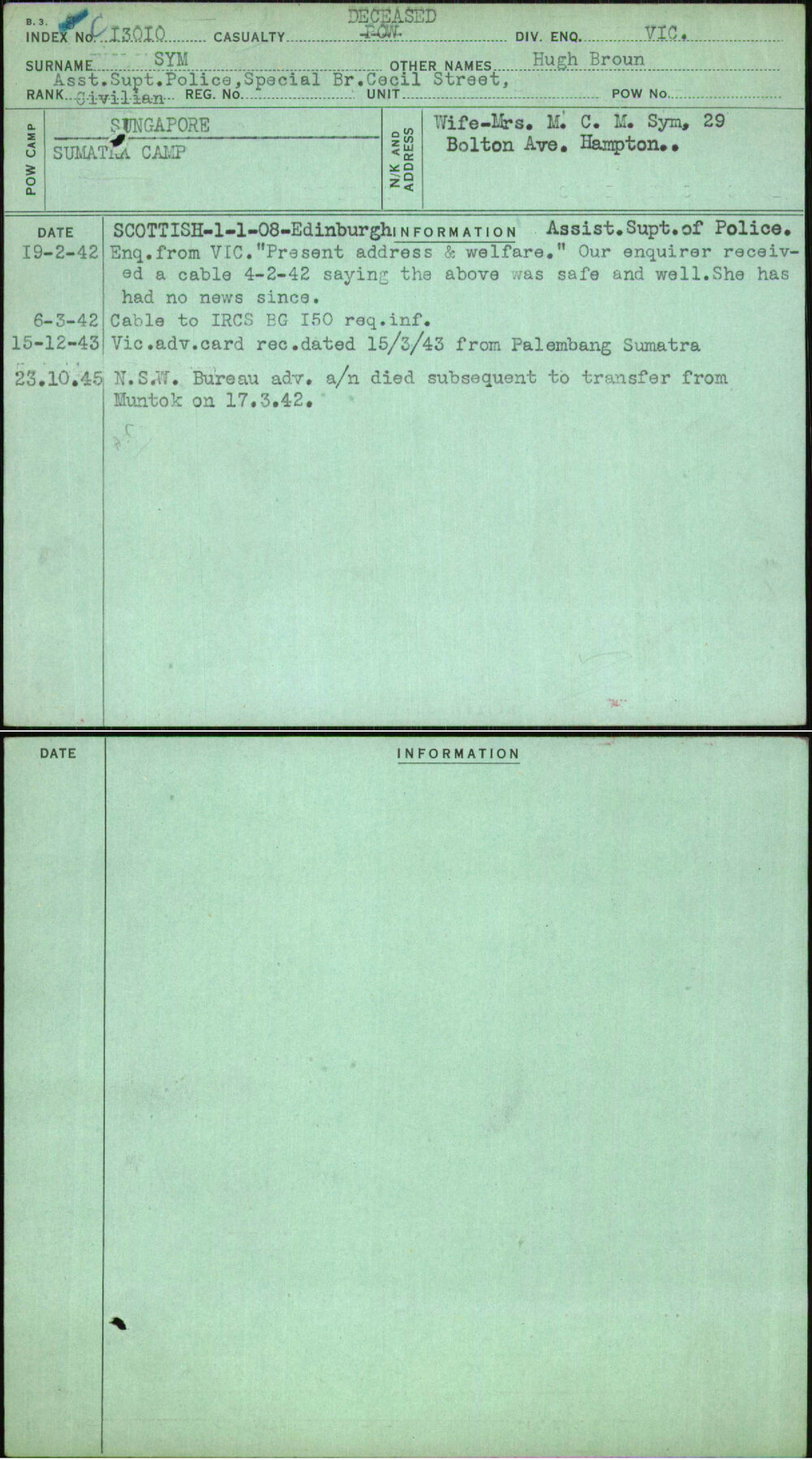 Sym, Hugh Broun, [No Service Number]