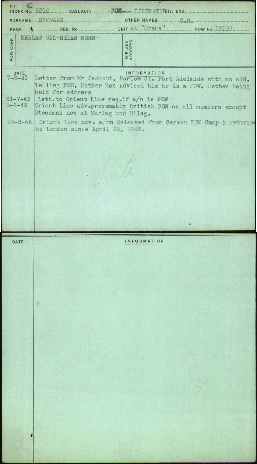 Symmans, G H, [No Service Number]