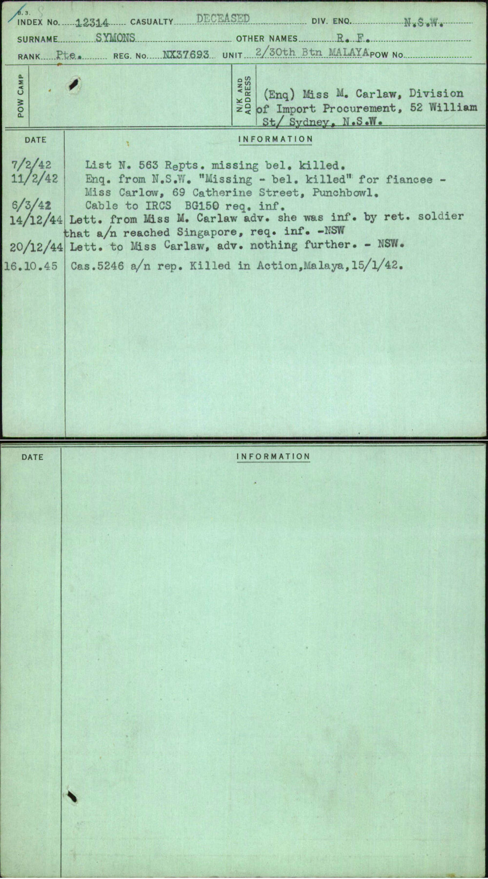 Symons, R F, NX37693