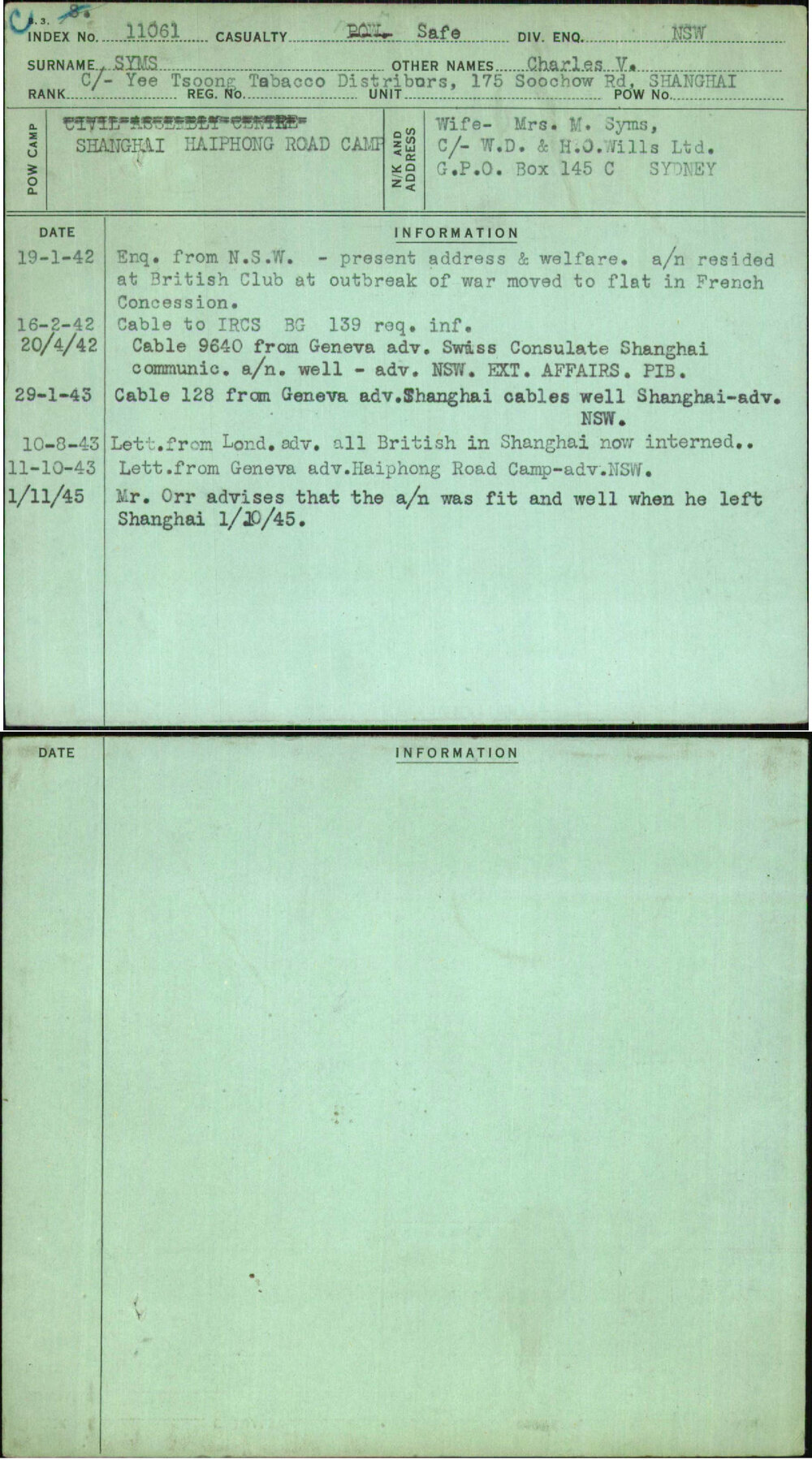 Syms, Charles V, [No Service Number]