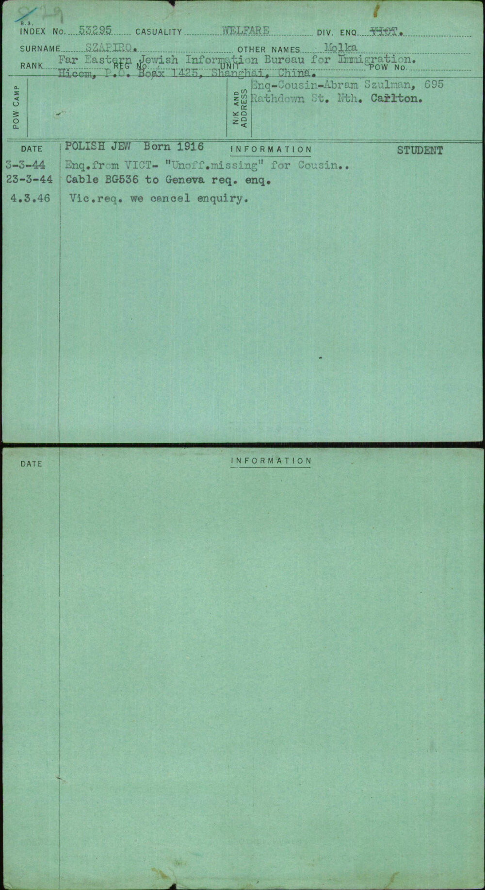 Szapiro, Molka, [No Service Number]
