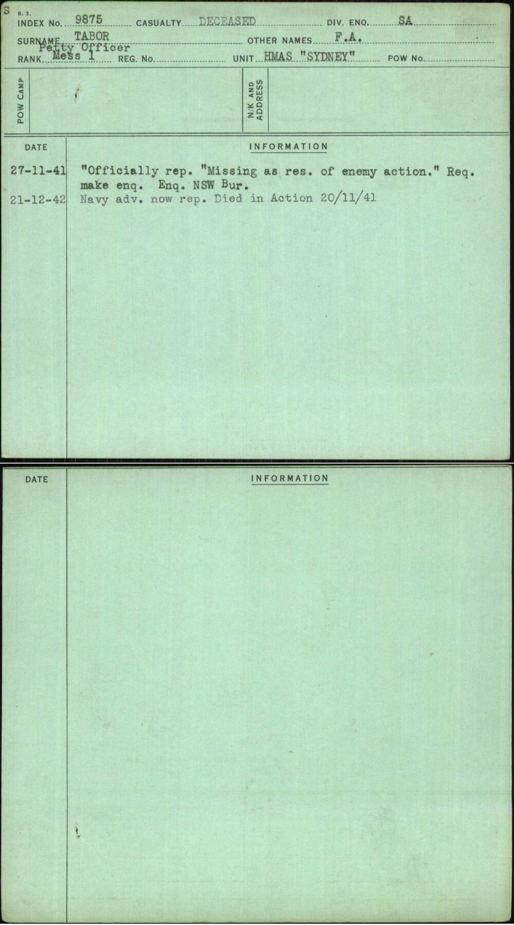 Tabor, F A, [No Service Number]