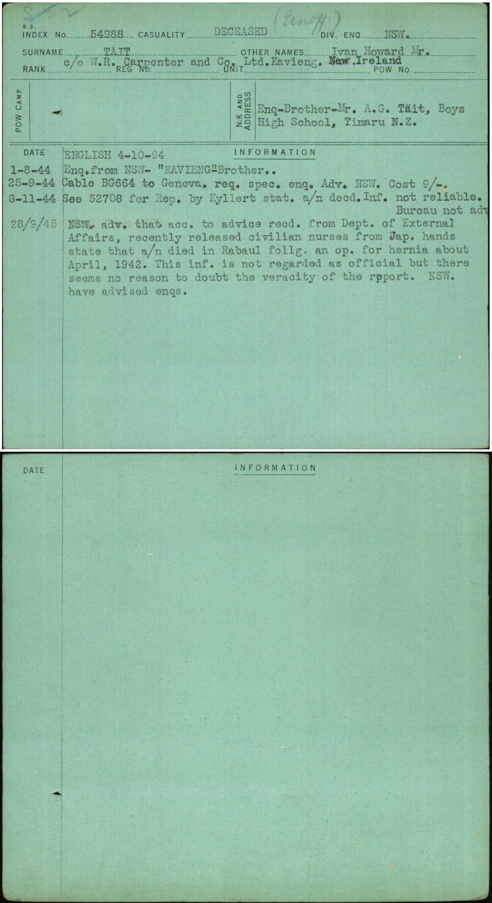 Tait, Ivan Howard Mr, [No Service Number]