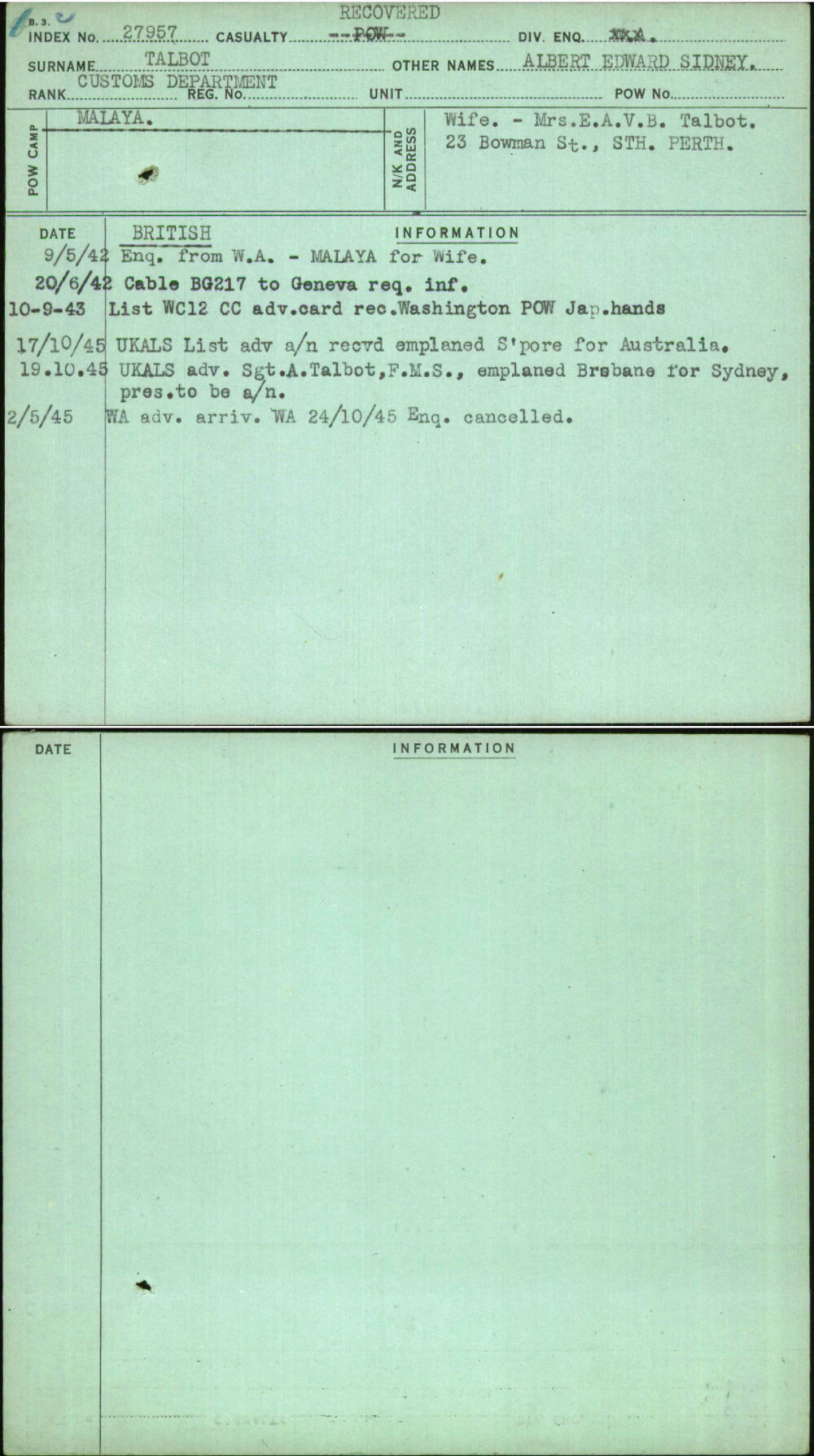 Talbot, Albert Edward Sidney, [No Service Number]