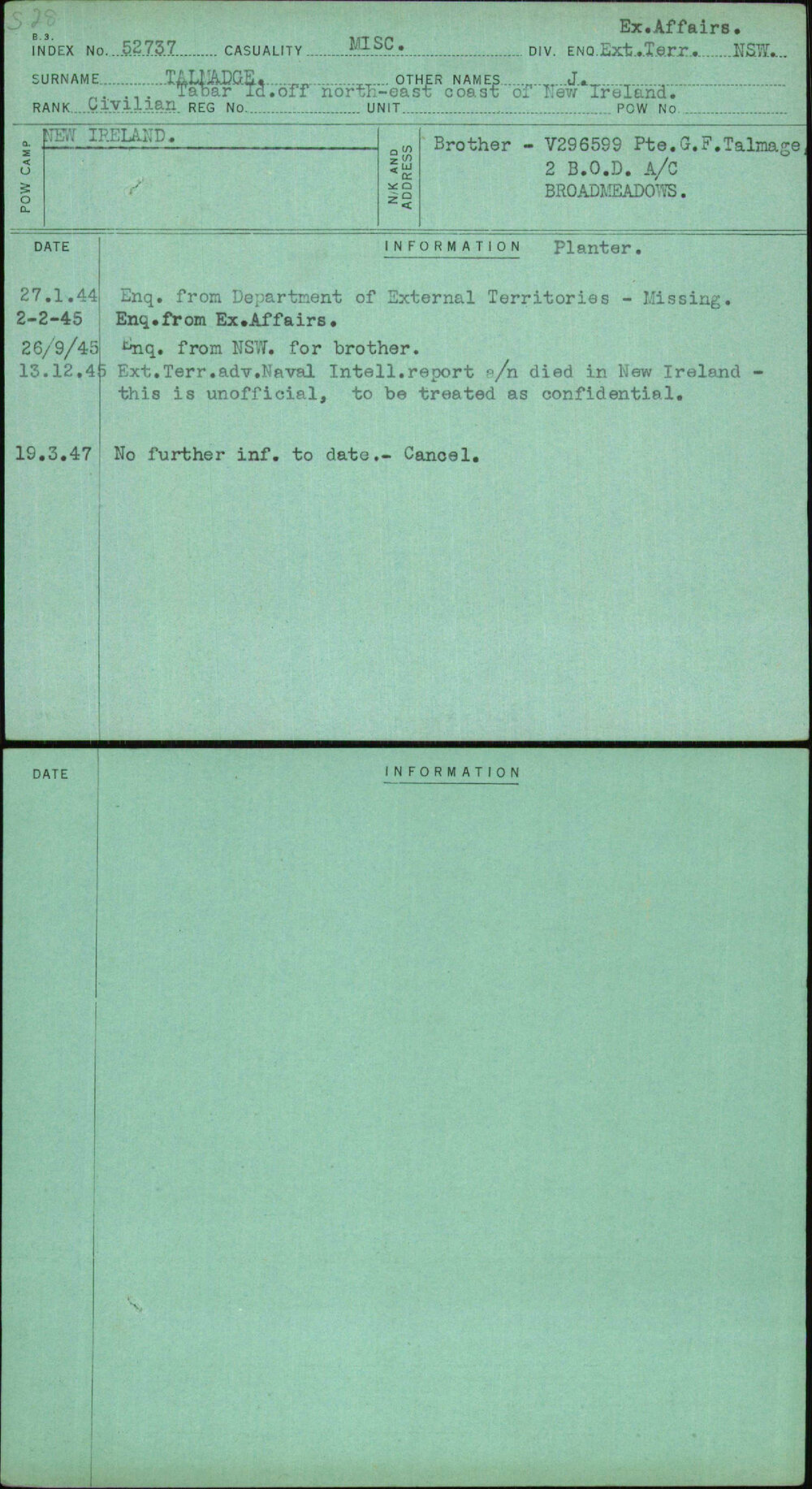 Talmadge, J, [No Service Number]