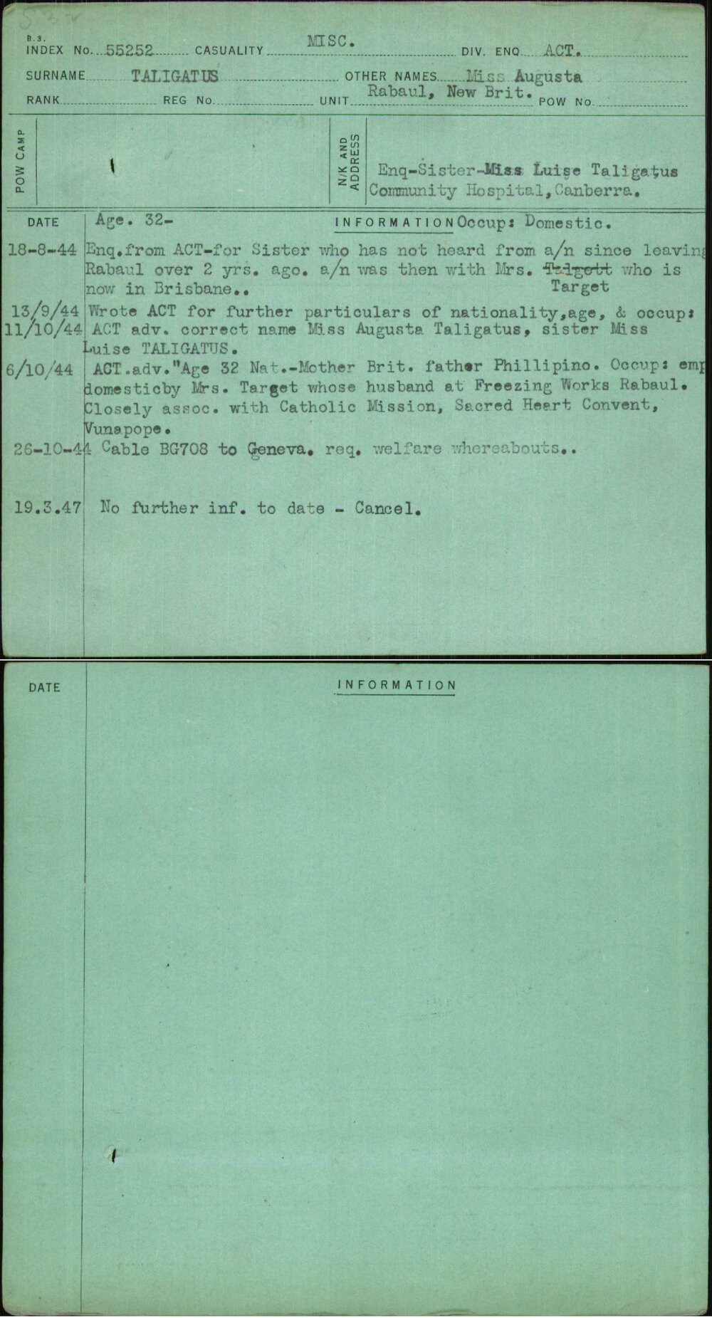 Taligatus, Miss Augusta, [No Service Number]