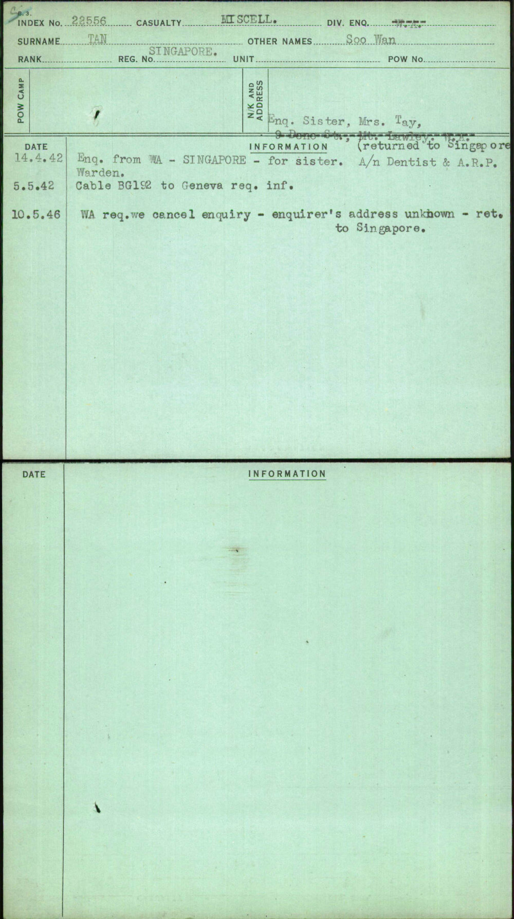 Tan, Soo Wan, [No Service Number]