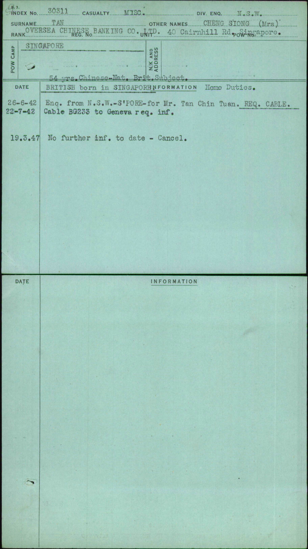 Tan, Cheng Siong (Mrs), [No Service Number]