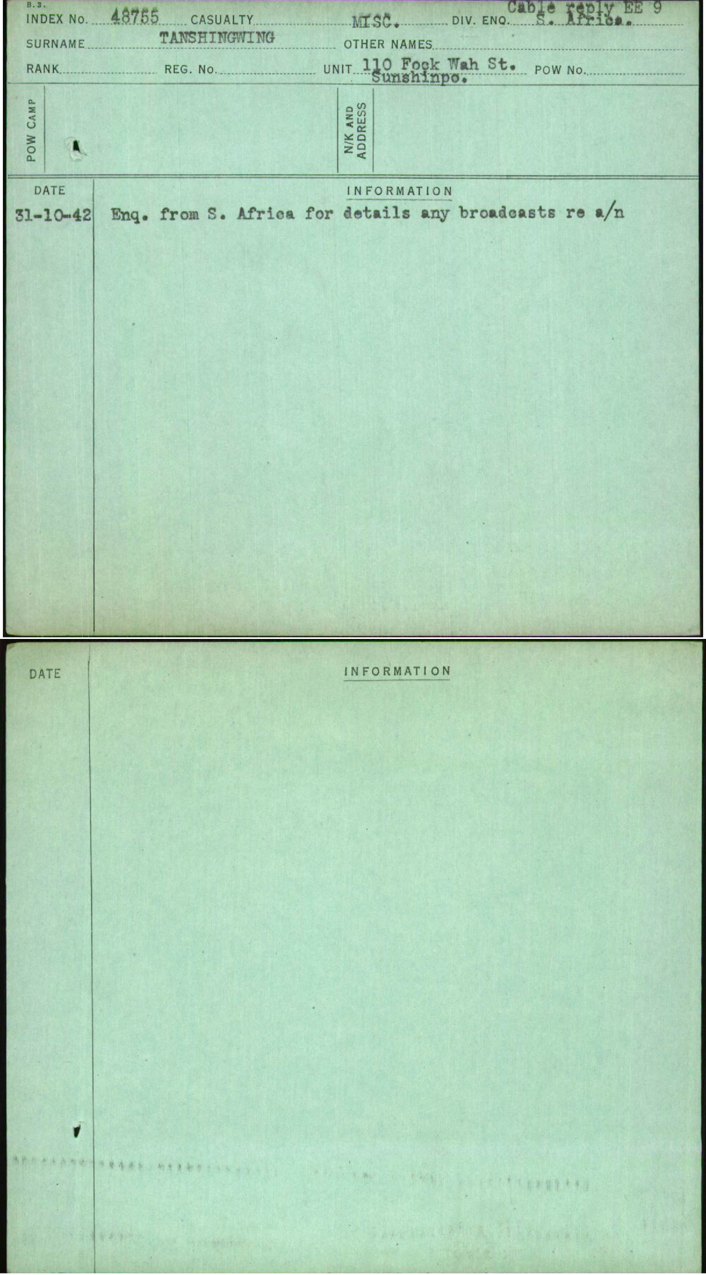 Tanshingwing, [No Given Name], [No Service Number]