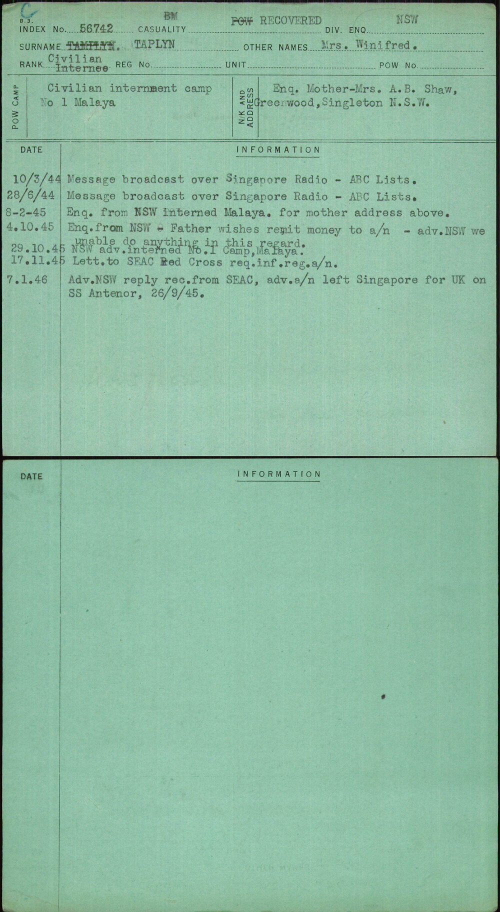 Taplyn, Mrs Winfred, [No Service Number]