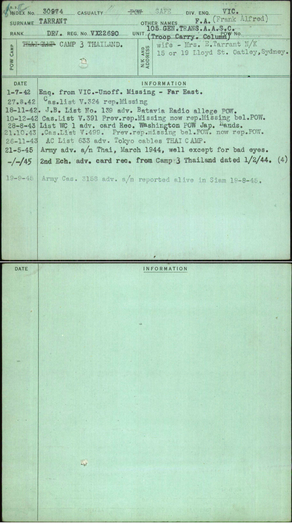 Tarrant, F A (Frank Alfred), VX22690