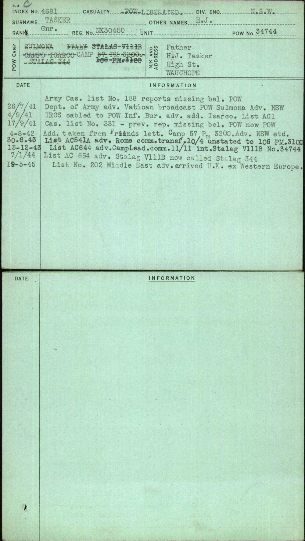 Tasker, H J, NX30450