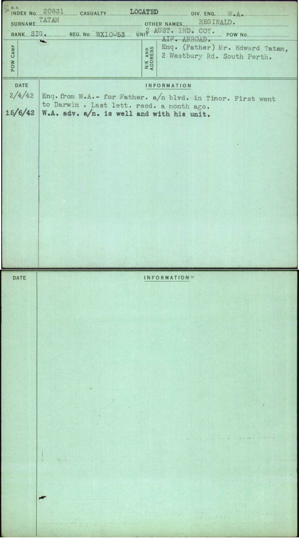 Tatam, Reginald, WX10053