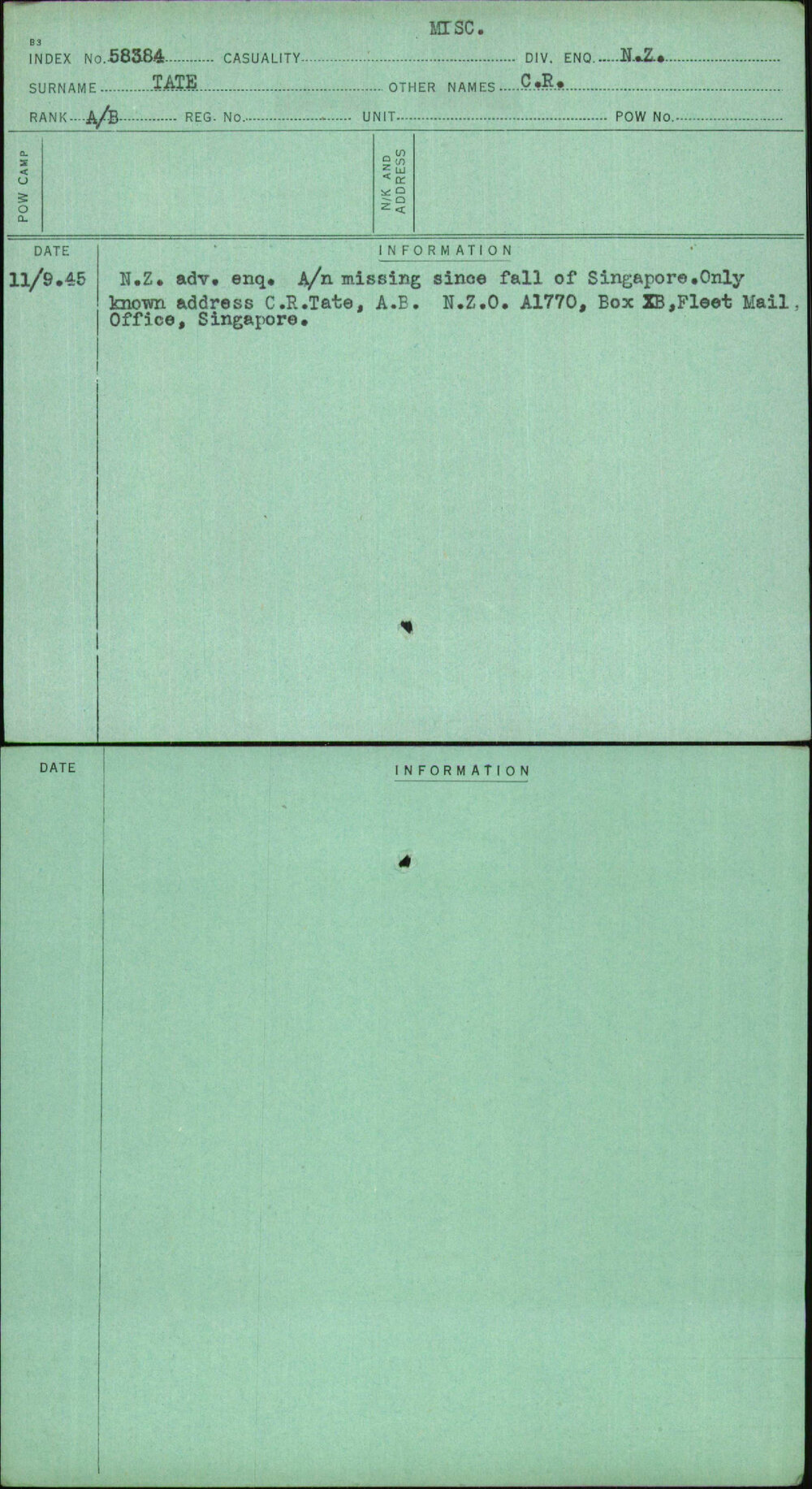 Tate, C R, [No Service Number]