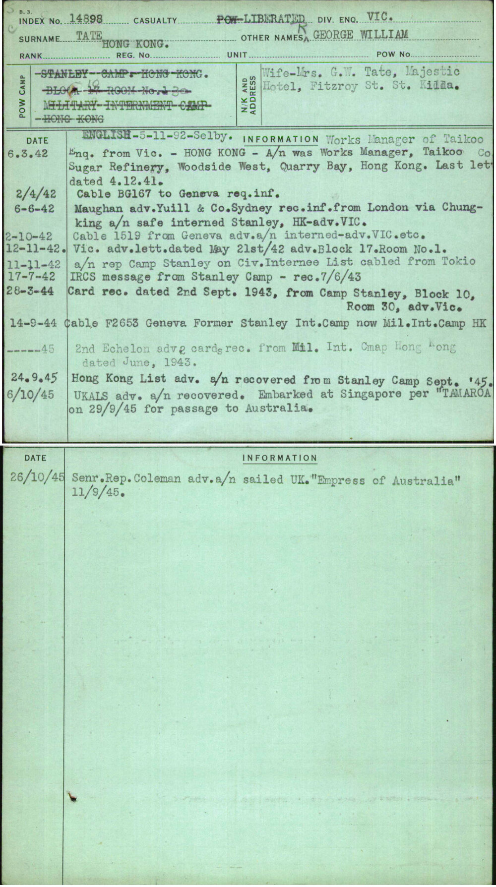 Tate, George William, Hong Kong