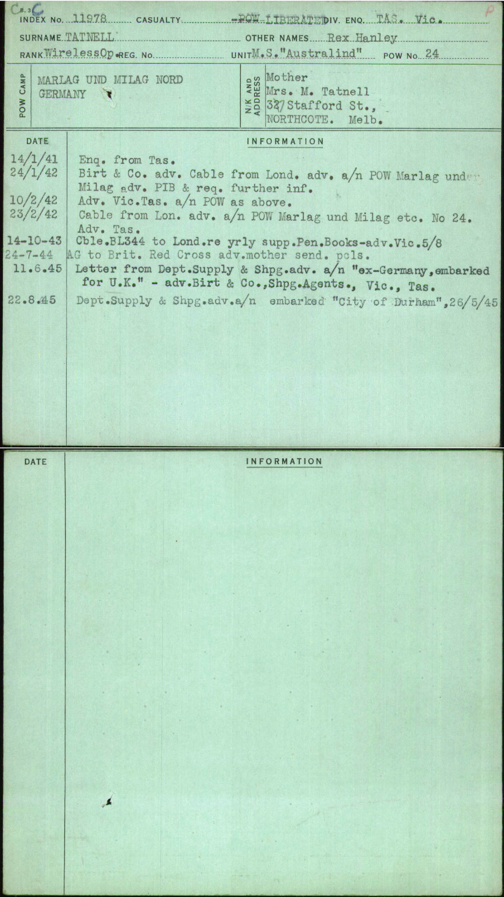 Tatnell, Rex Hanley, [No Service Number]