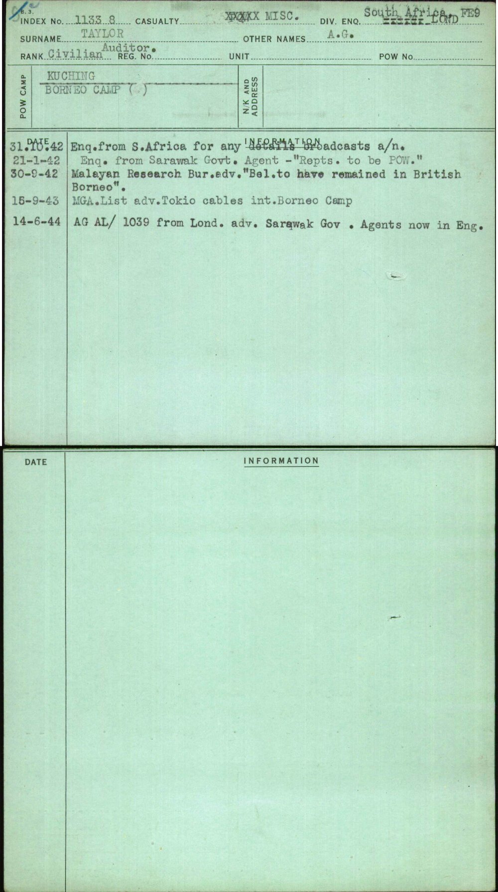 Taylor, A G, [No Service Number]