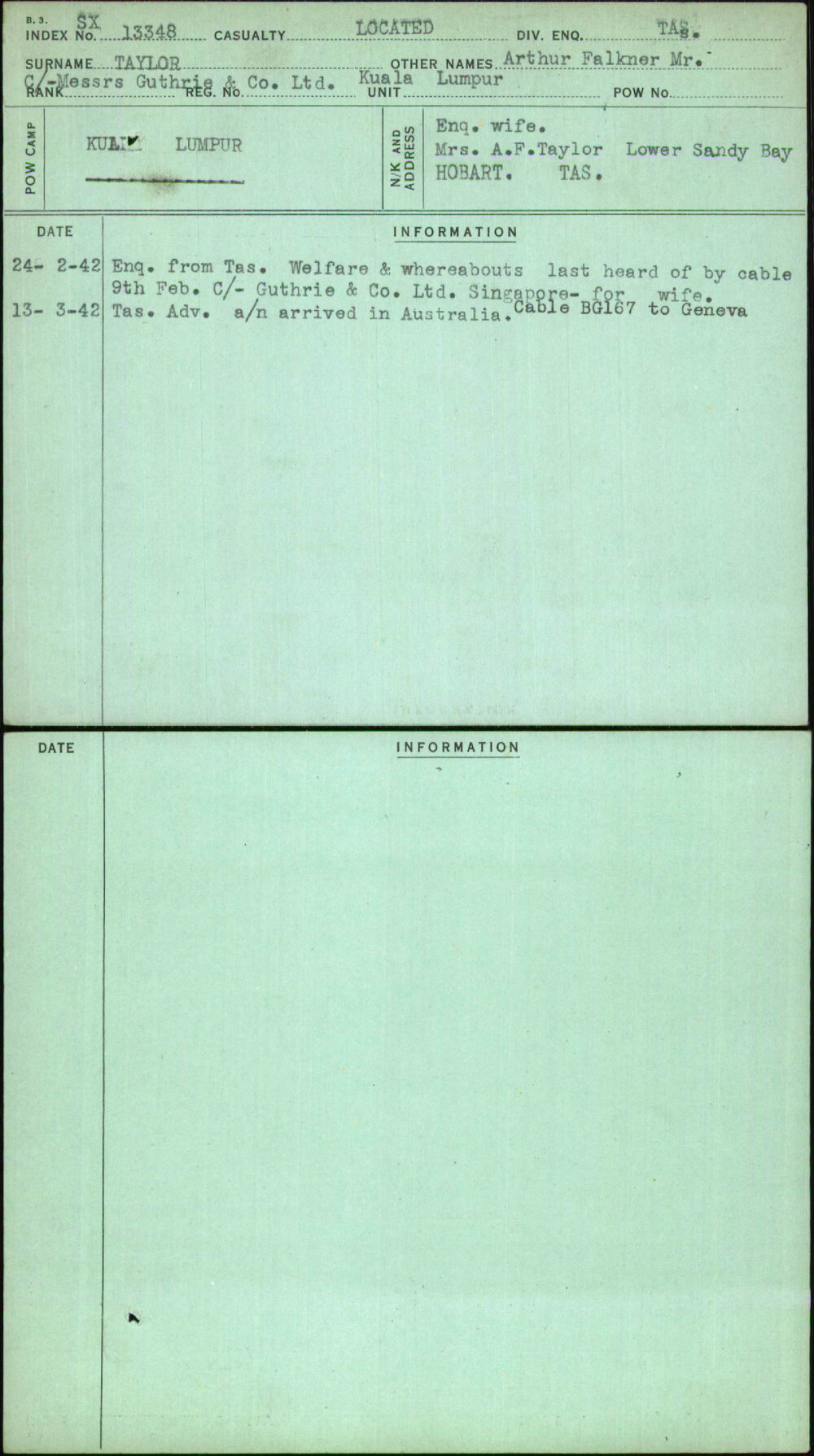 Taylor, Arthur Falkner Mr, [No Service Number]