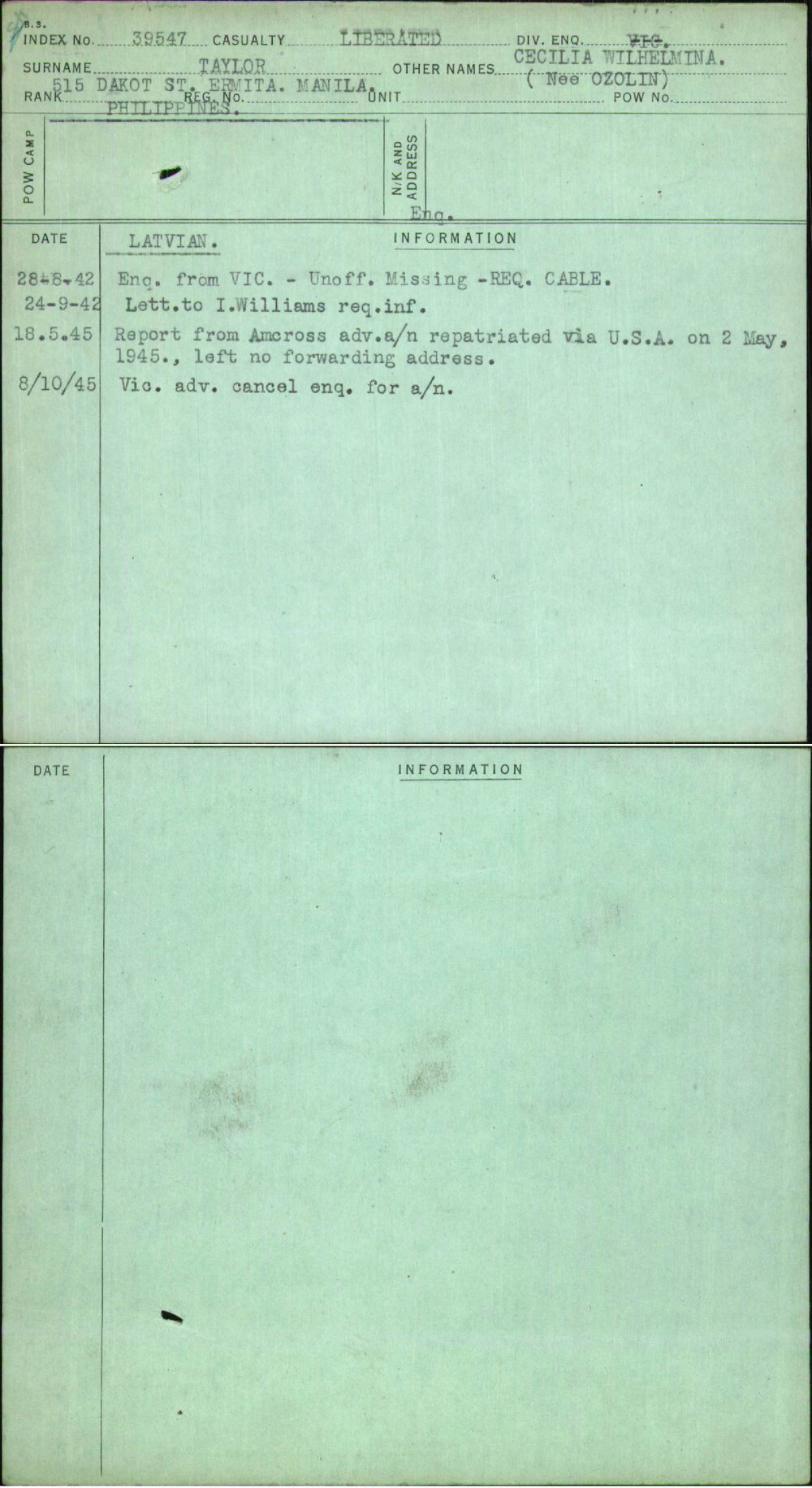 Taylor, Cecilia Wilhelmina, [No Service Number]