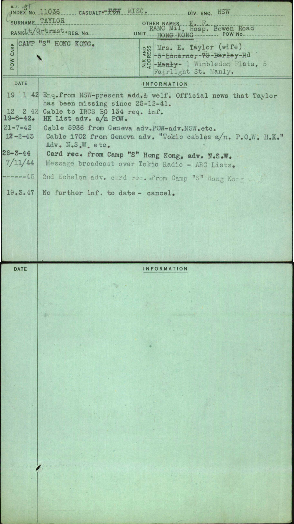 Taylor, E F, [No Service Number]