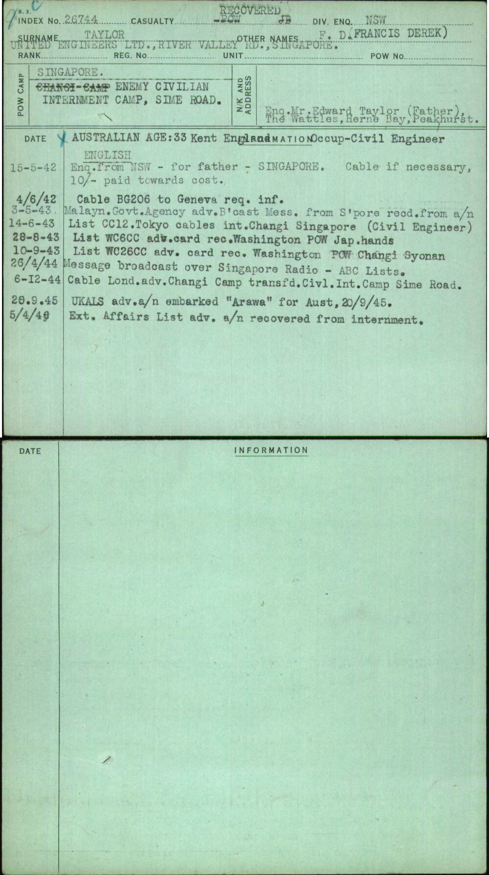 Taylor, F D (Francis Derek), [No Service Number]