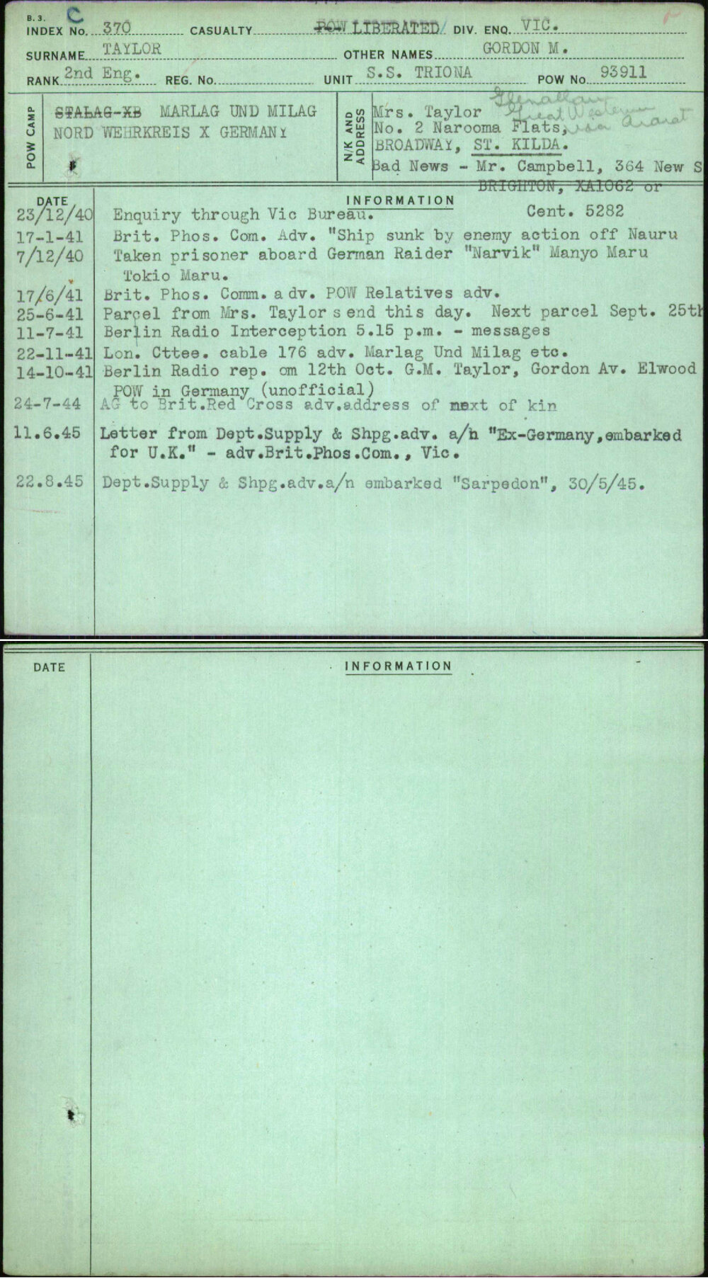 Taylor, Gordon M, [No Service Number]