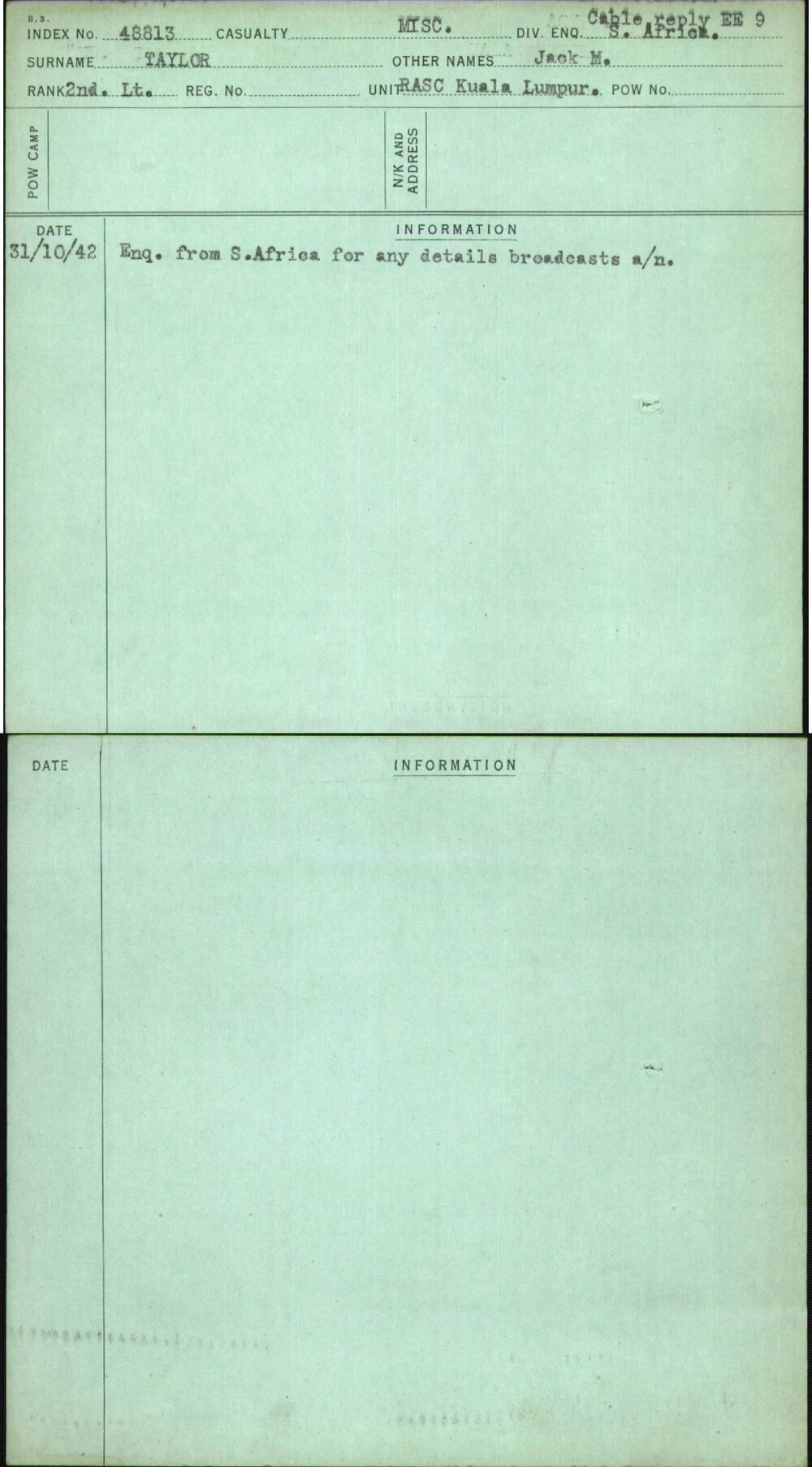 Taylor, Jack M, [No Service Number]