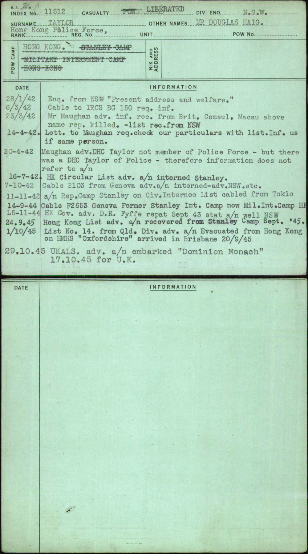 Taylor, Mr Douglas Haig, [No Service Number]