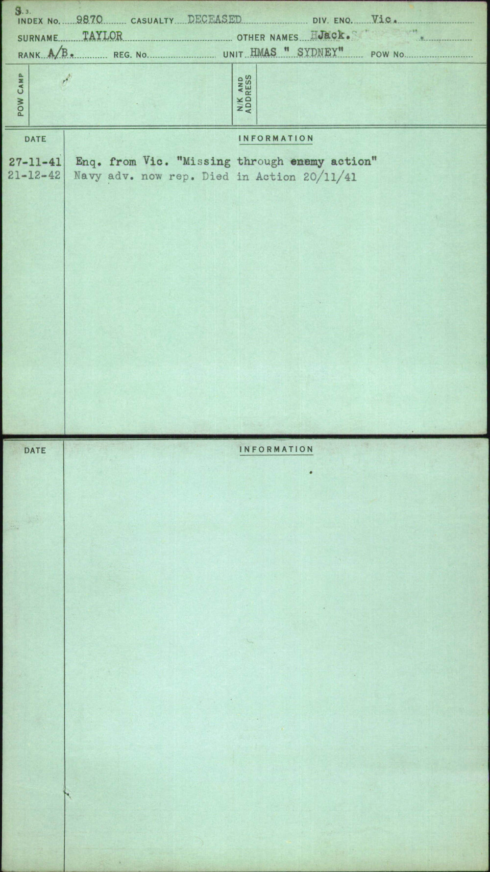 Taylor, Jack, [No Service Number]