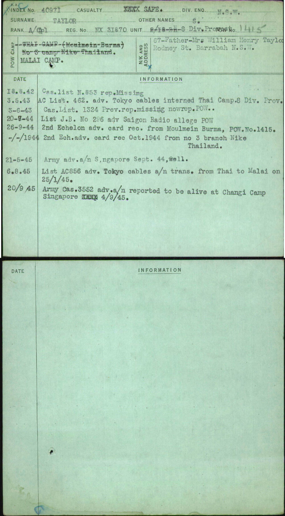 Taylor, S, NX31870