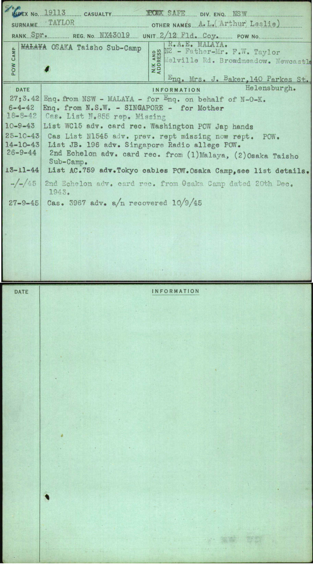 Taylor, A L (Arthur Leslie), NX43019