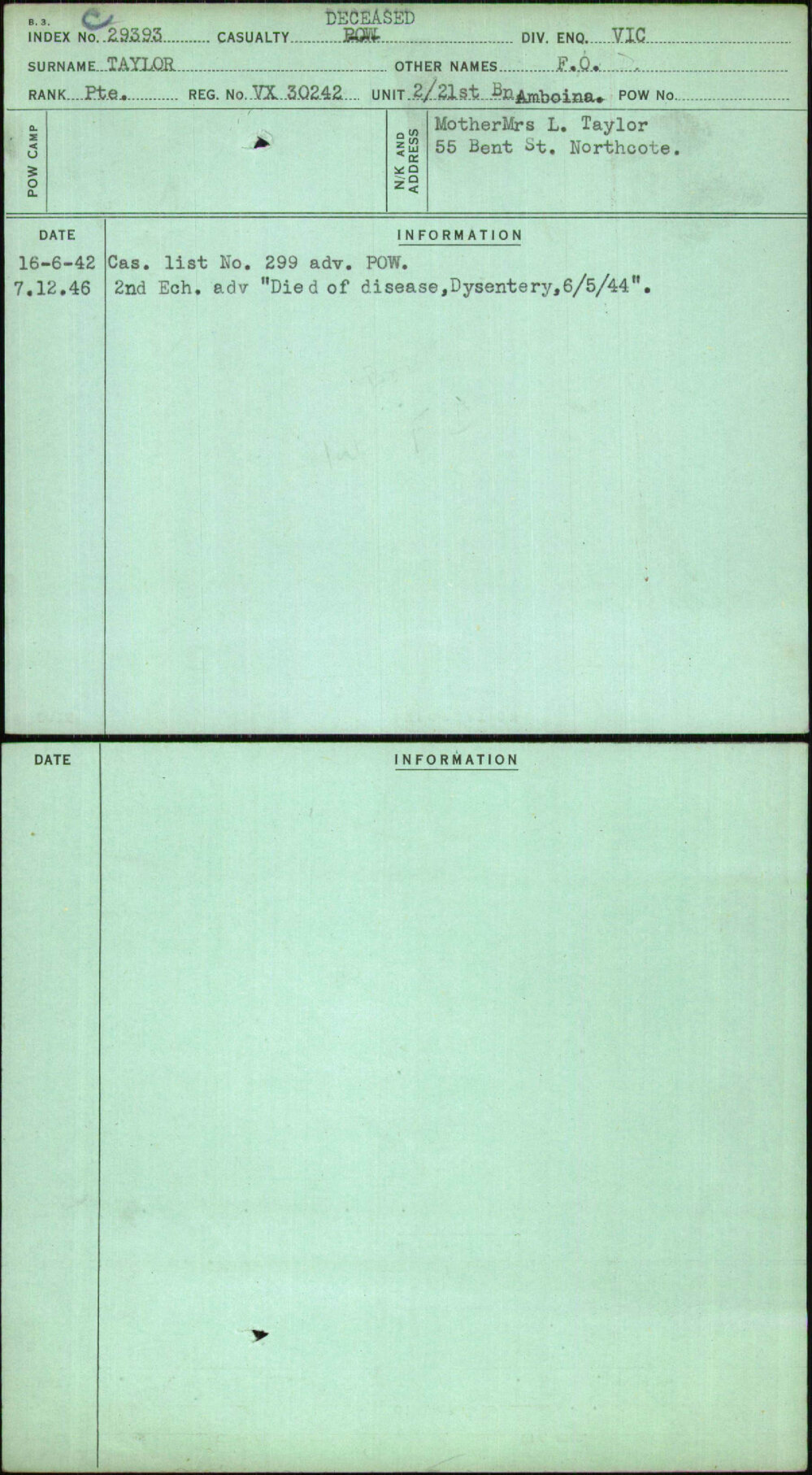 Taylor, F O, VX30242