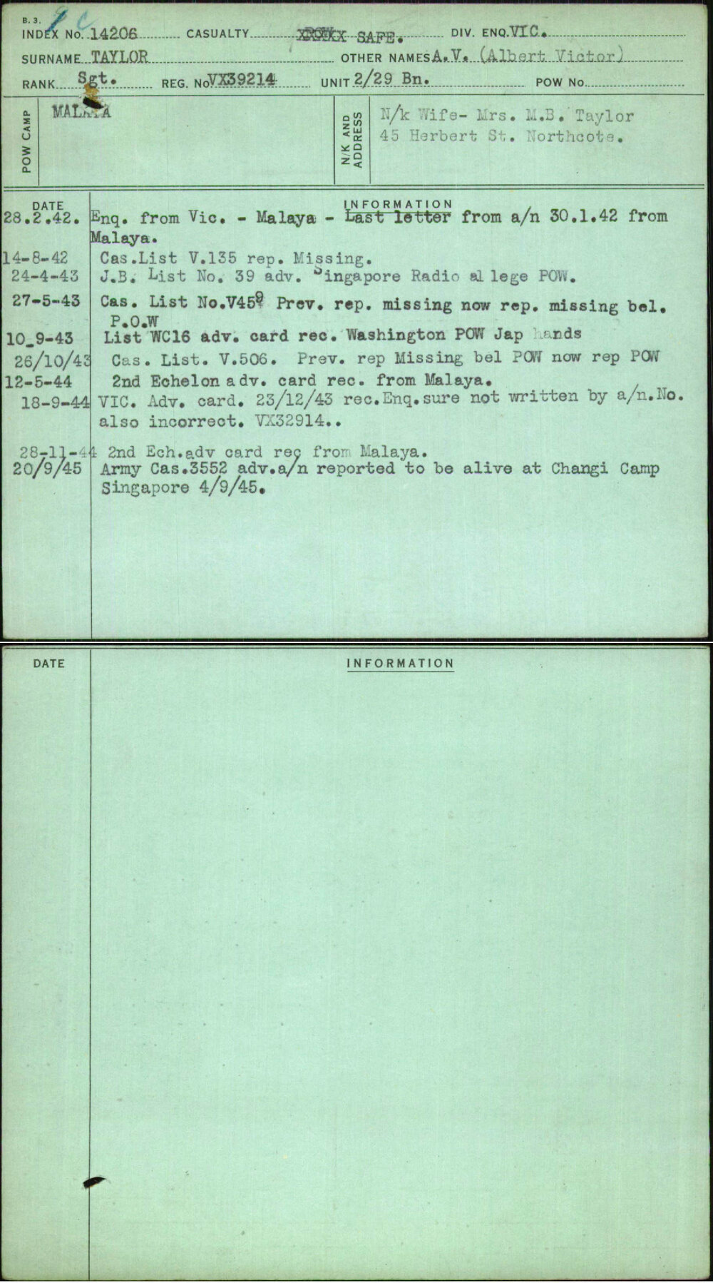 Taylor, A V (Albert Victor), VX39214