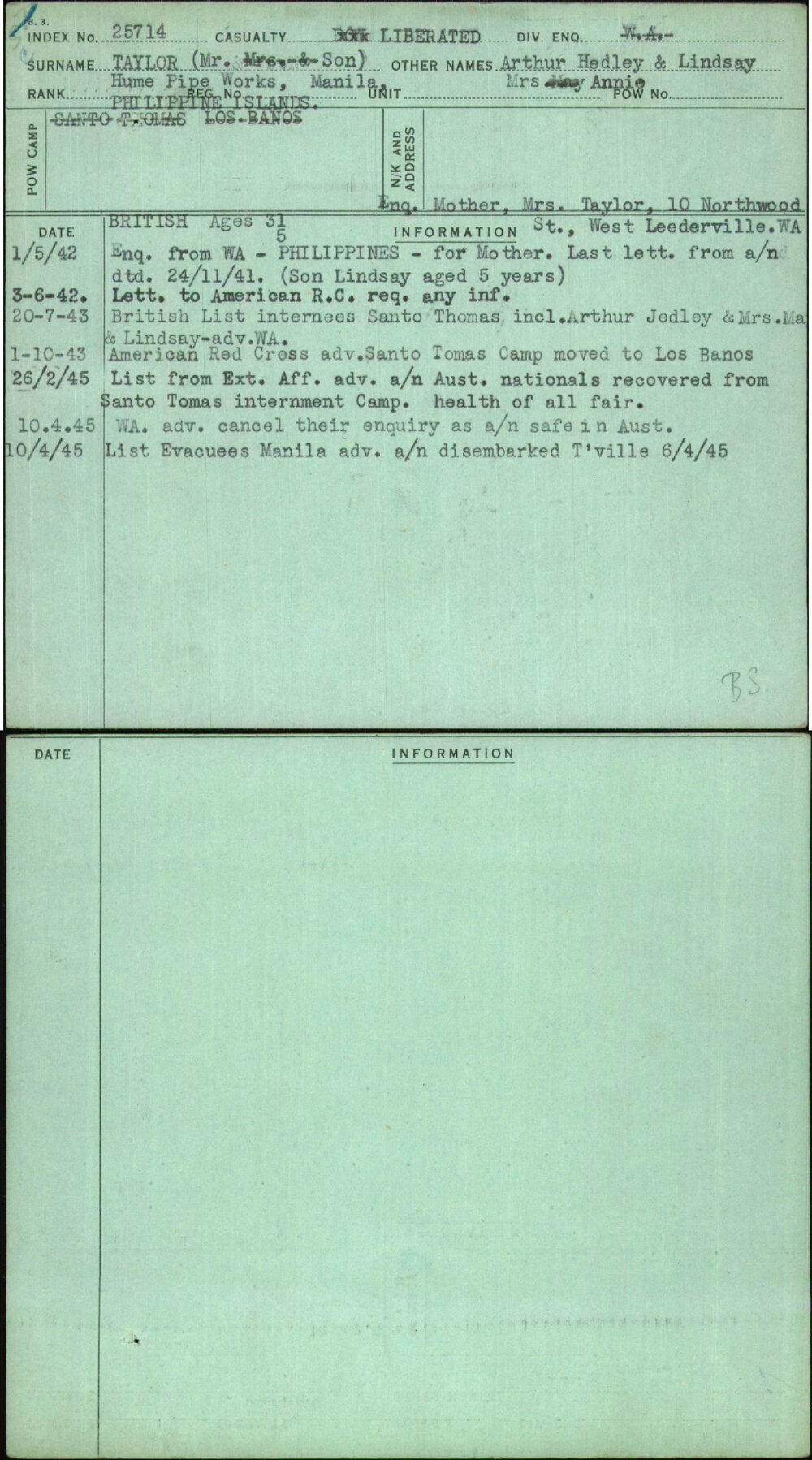 Taylor (Mr Son), Arthur Hedley &amp; Lindsay Mrs Annie, [No Service Number]