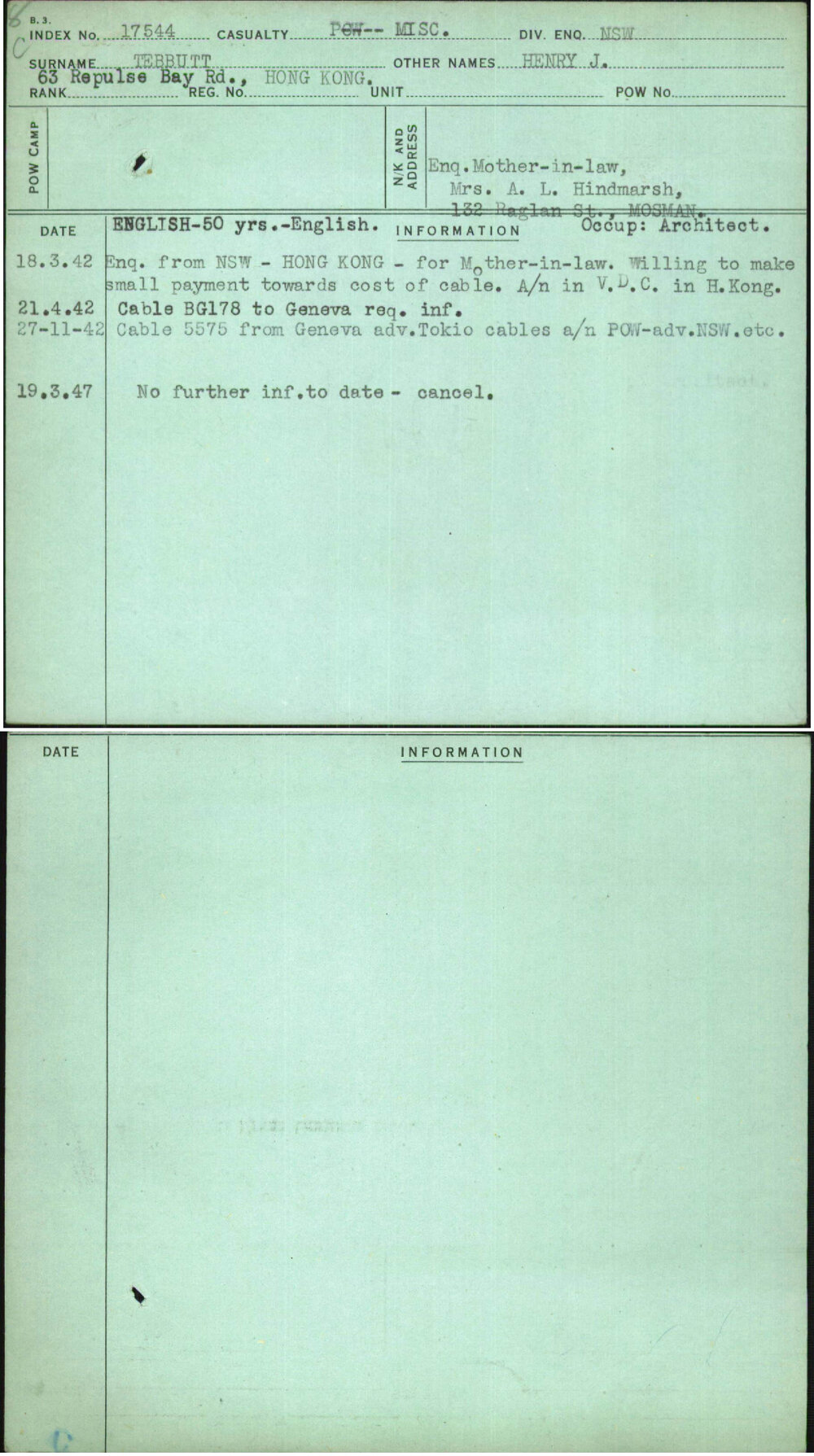 Tebbutt, Henry J, [No Service Number]