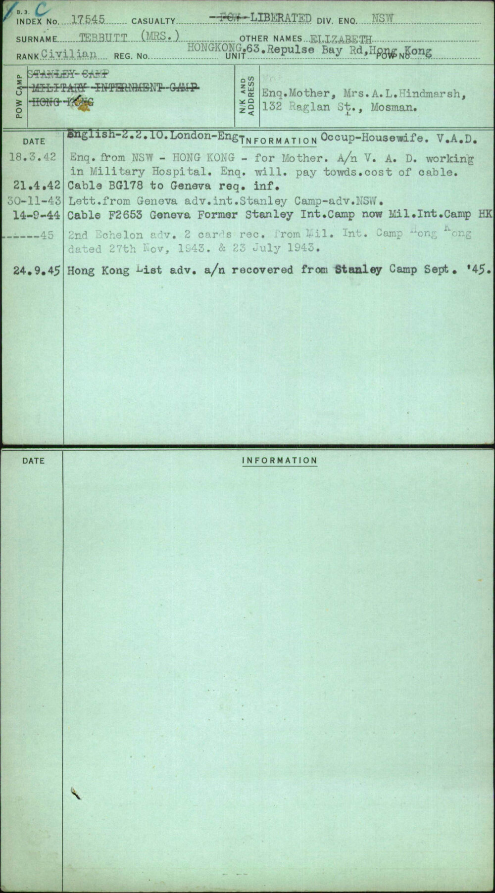 Tebbutt (Mrs), Elizabeth, [No Service Number]