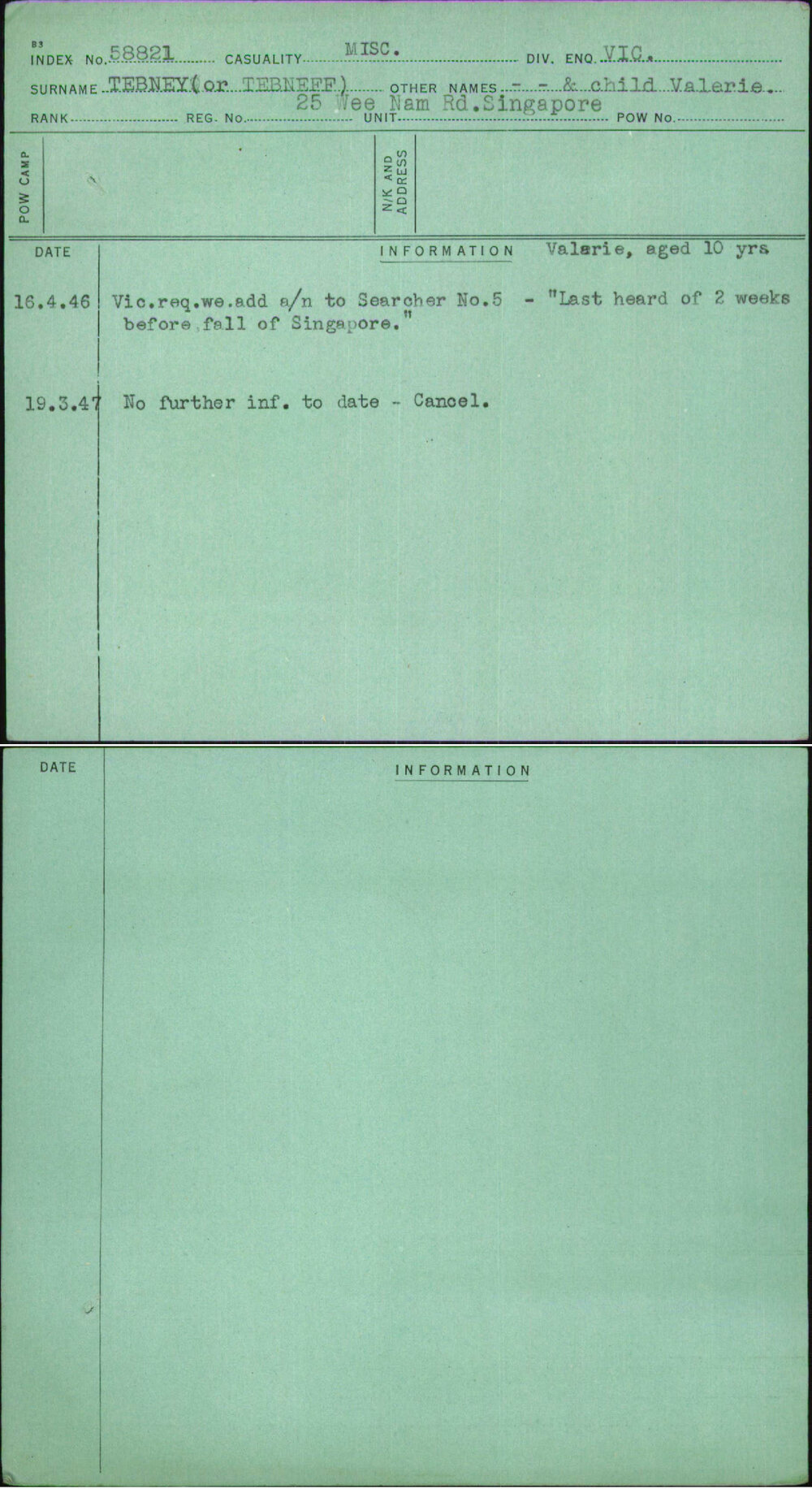 Tebney (Or Tebneff), Child Valerie, [No Service Number]