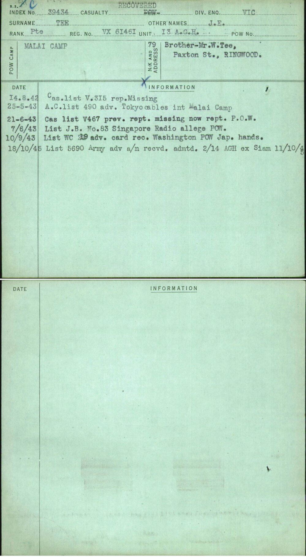 Tee, J E, VX61461
